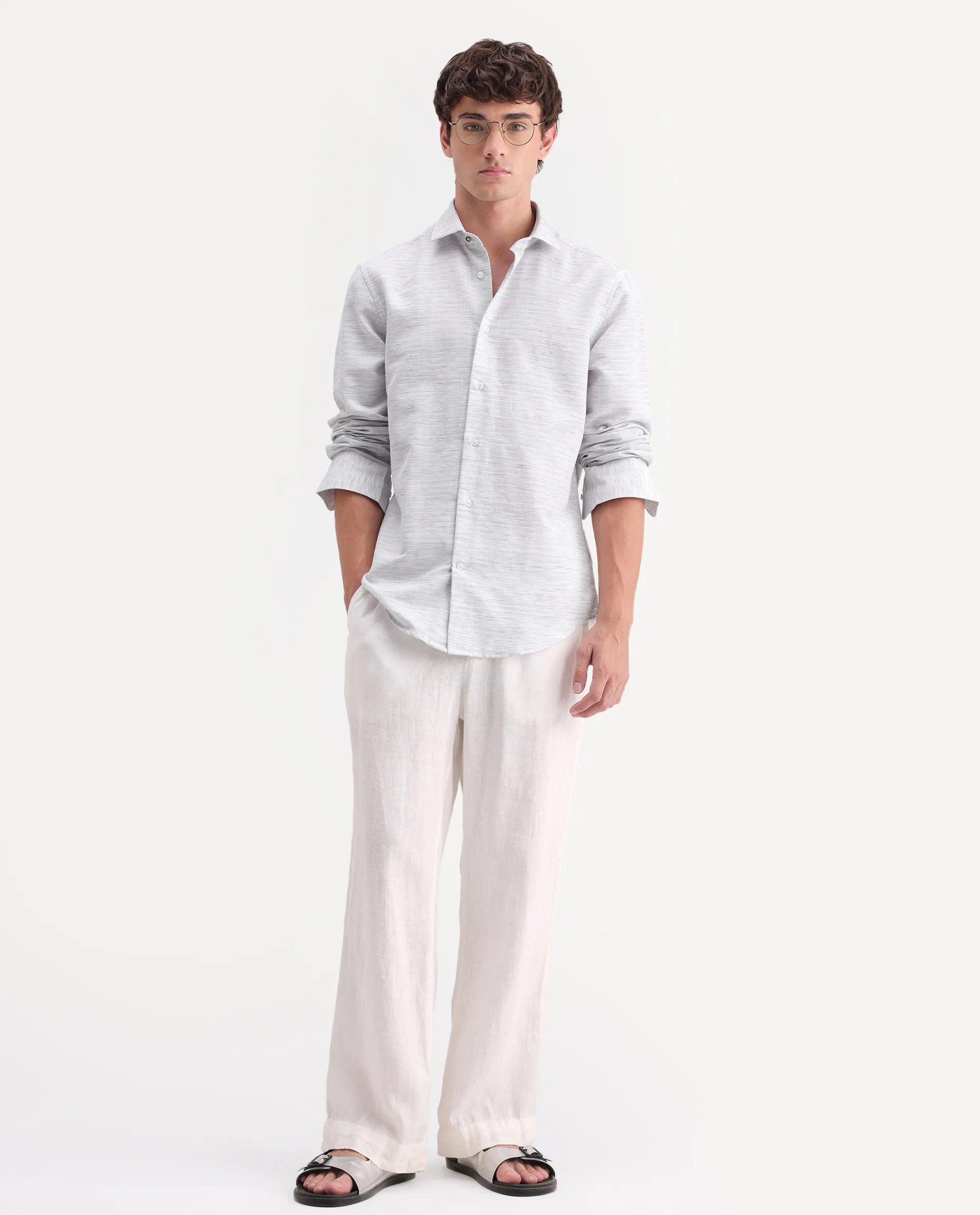 Rare Rabbit Men's Frit Light Grey Linen Blend Fabric Full Sleeve Regular Fit Textured Shirt