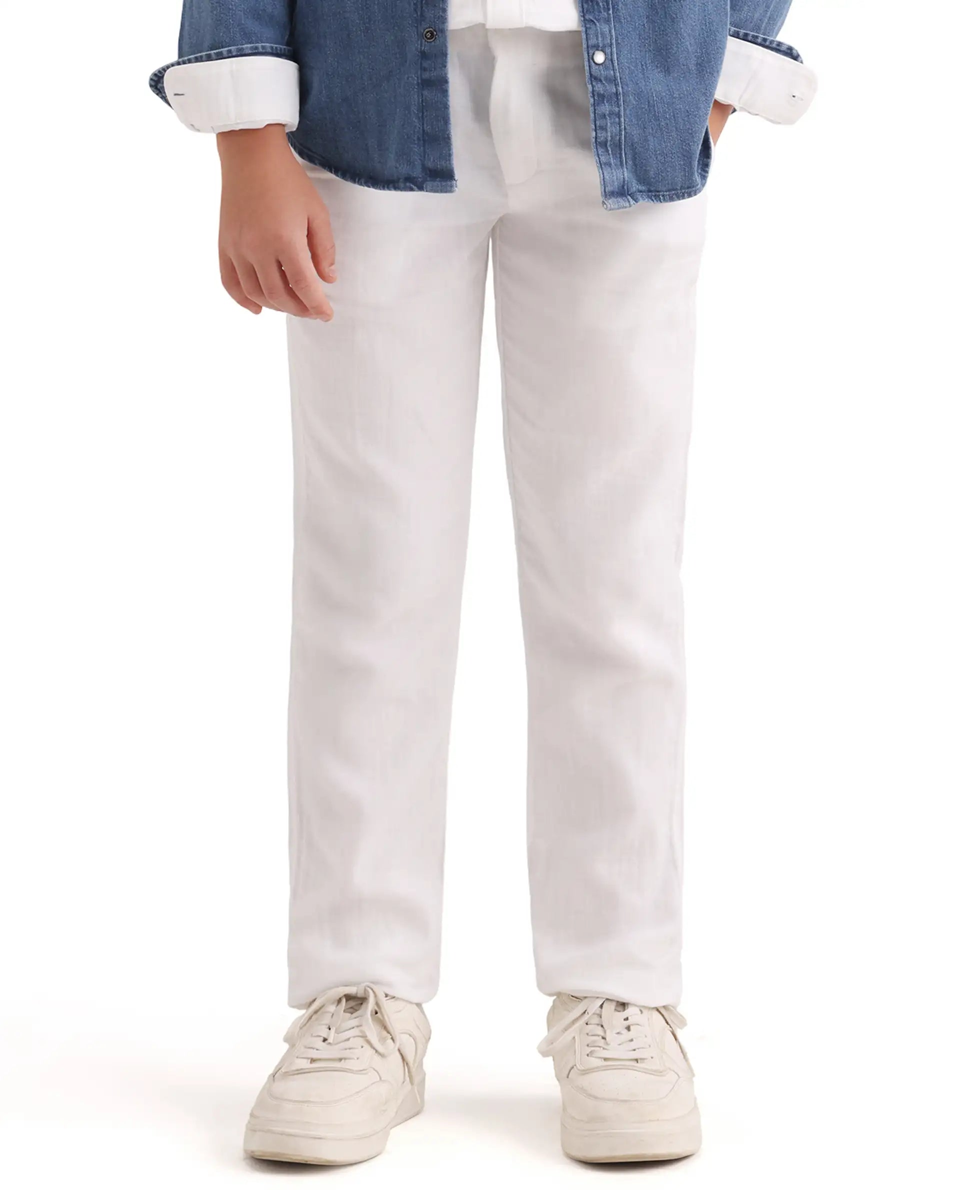 Rare Ones Kids Prest-K-26 White Cotton Blend Button And Zipper Closure Regular Fit Trouser
