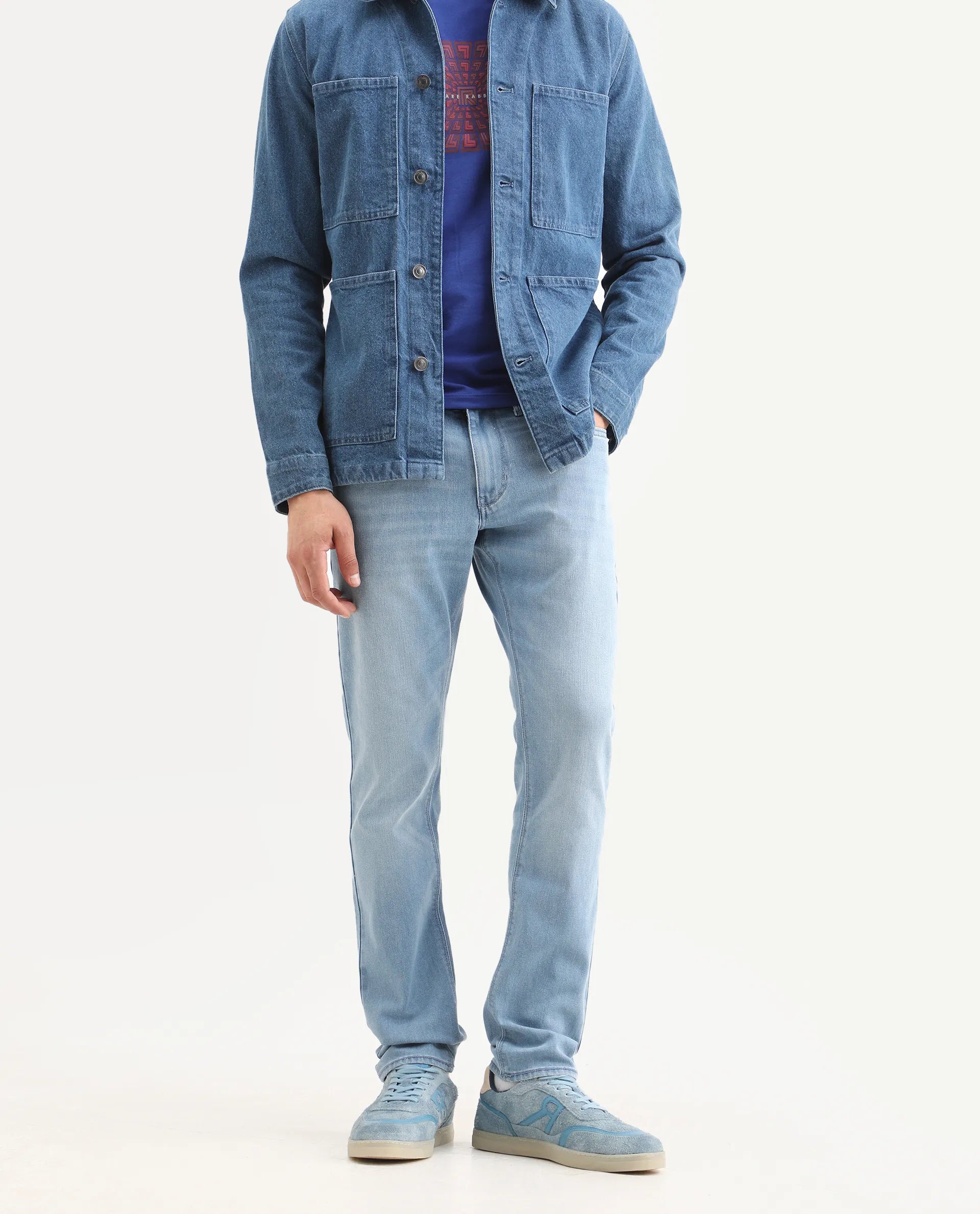 Rare Rabbit Men's Aby Light Blue Cotton Blend Fabric Hawk Slim Fit Plain Jeans