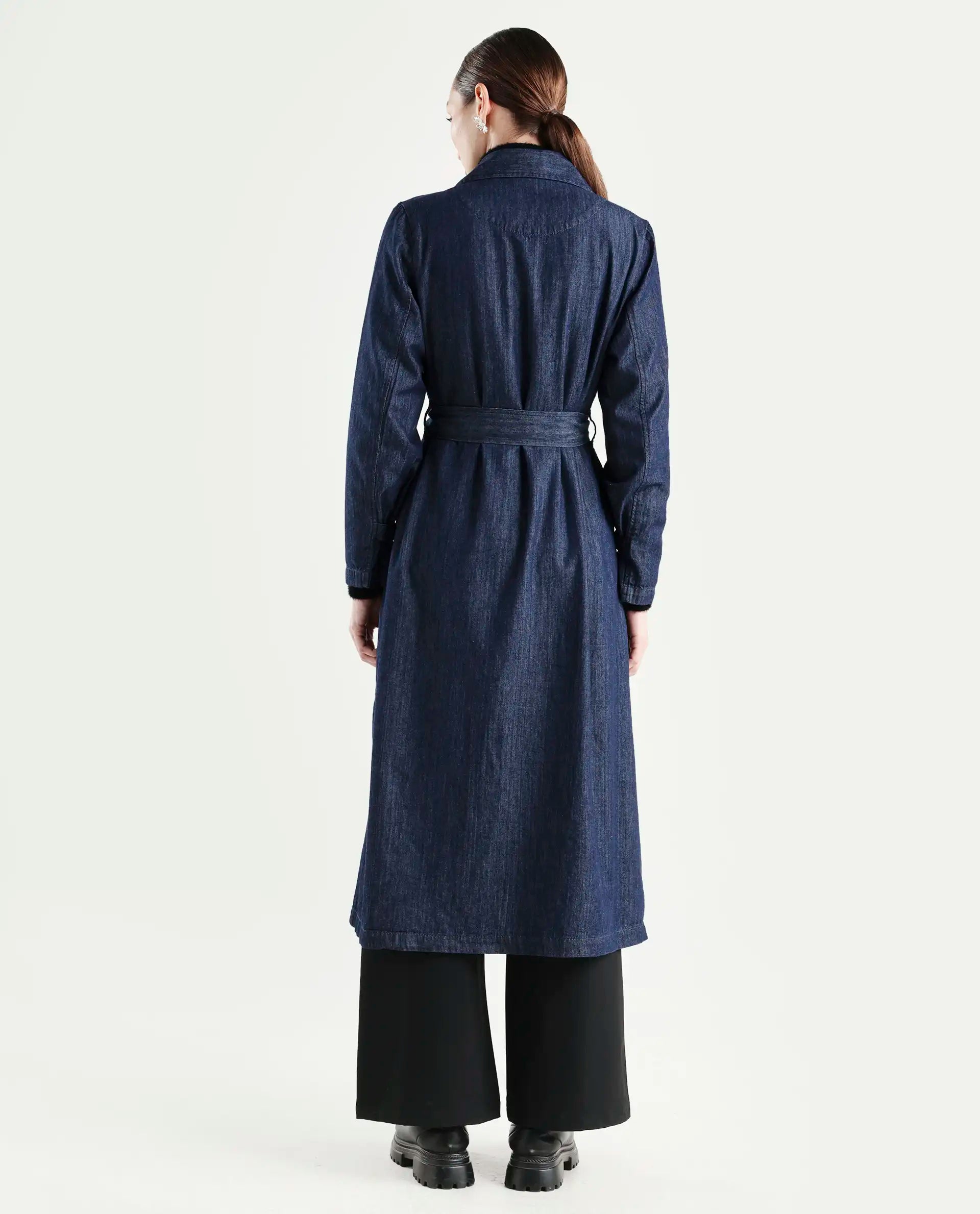 Rareism Women's Dentren Dark Blue Polyester Full Sleeve Lapel Collar Relaxed Fit Plain Coat