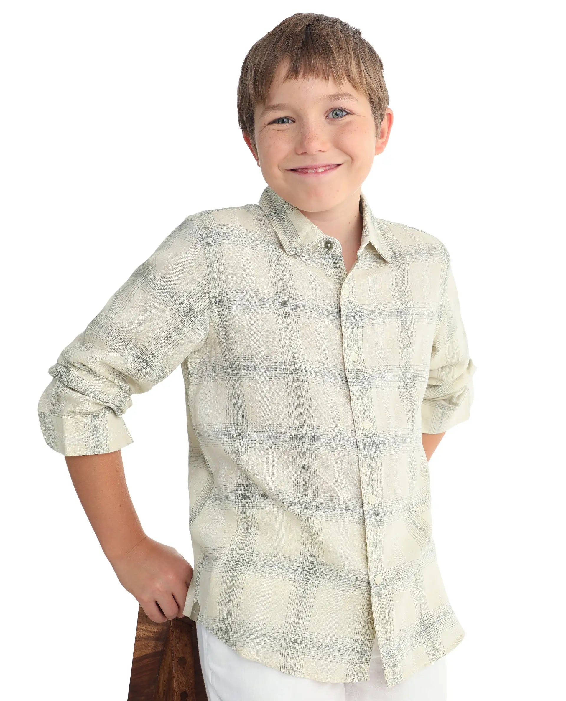Rare Ones Kids Eamon-26 Yellow Linen Blend Button Closure Regular Fit Shirt