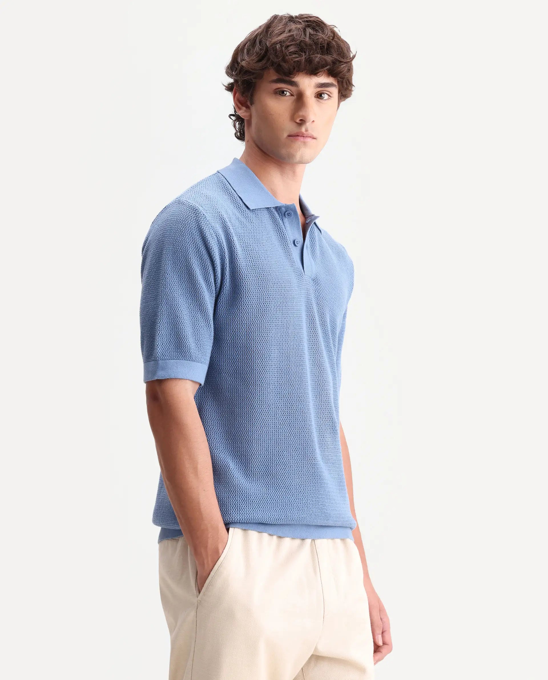 Rare Rabbit Men's Flako Fluorescent Blue Cotton Fabric Half Sleeve Spread Collar Regular Plain Polo