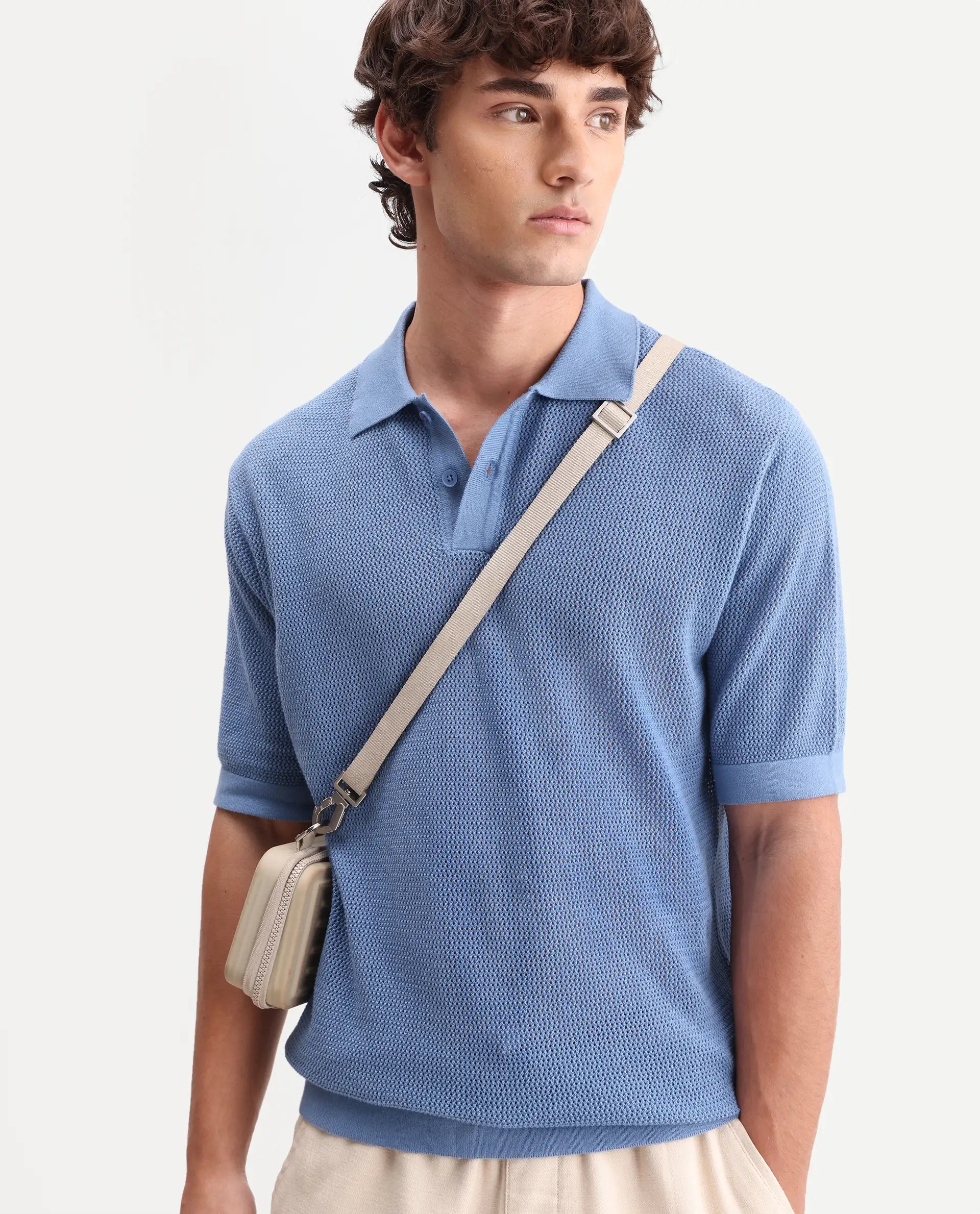 Rare Rabbit Men's Flako Fluorescent Blue Cotton Fabric Half Sleeve Spread Collar Regular Plain Polo