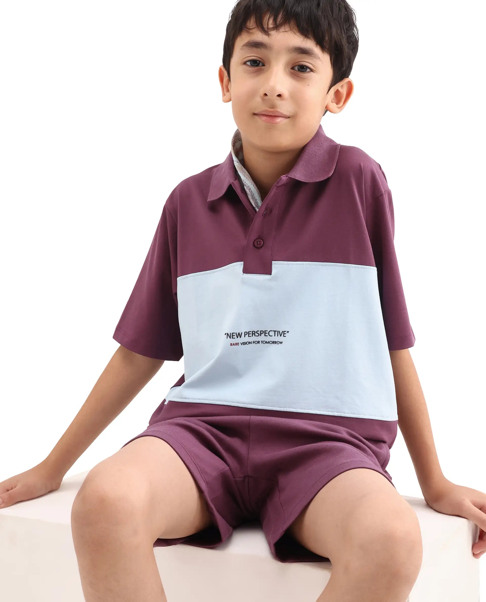 Rare Ones Kids Boxo Dusky Purple Cotton Button Closure Color Block Regular Fit Polo