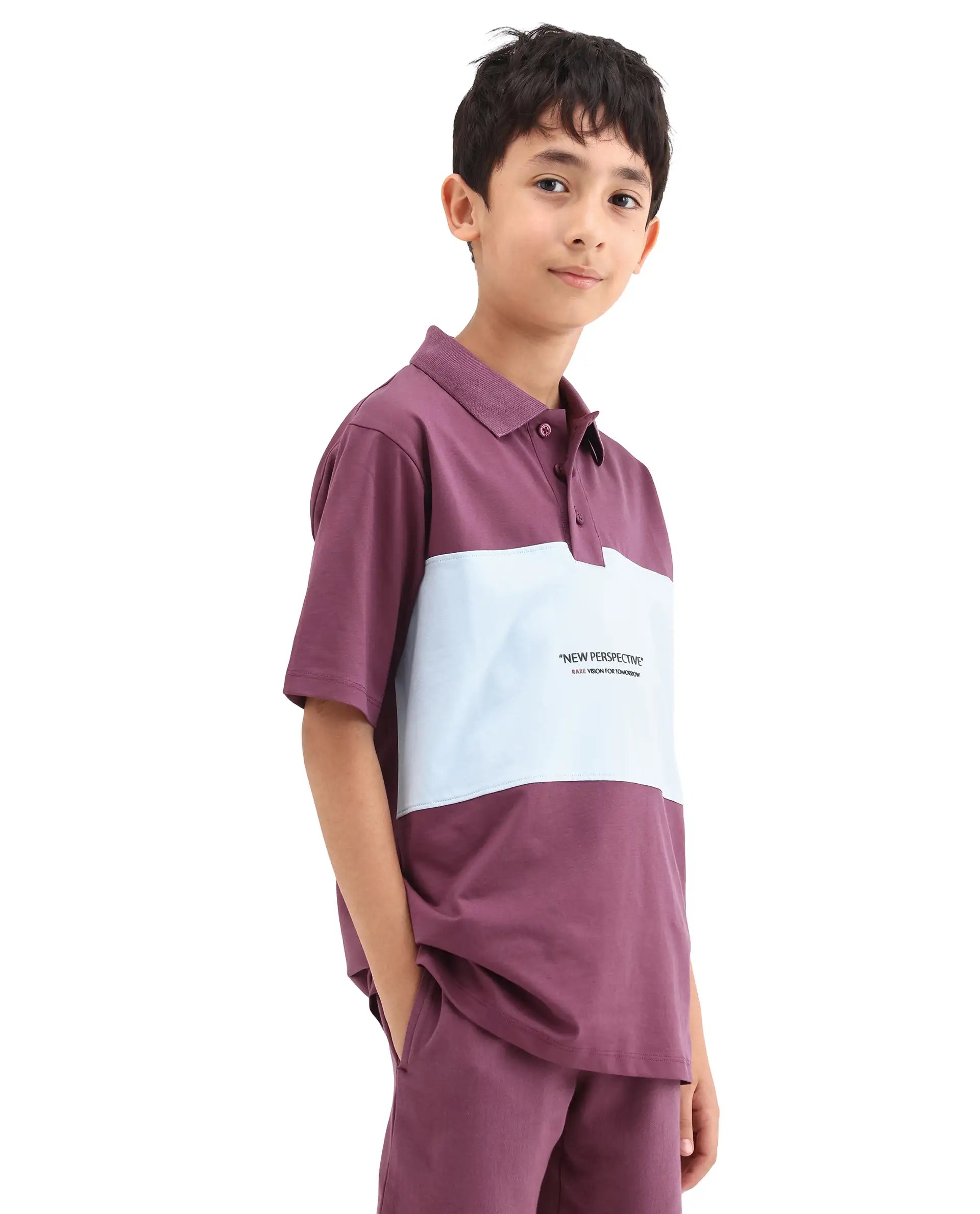 Rare Ones Kids Boxo Dusky Purple Cotton Button Closure Color Block Regular Fit Polo