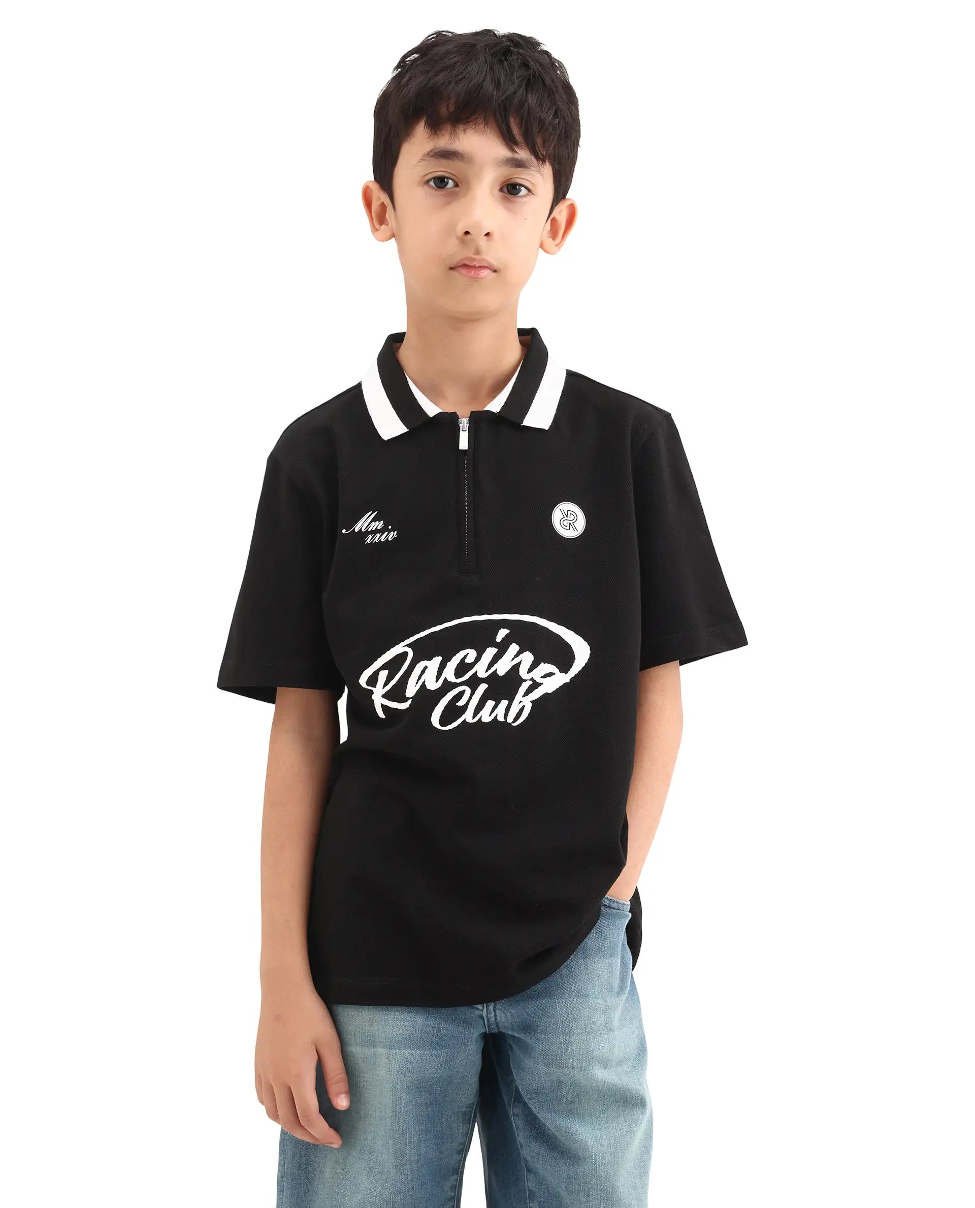 Rare Ones Kids Rino Black Cotton Zipper Closure Regular Fit Polo
