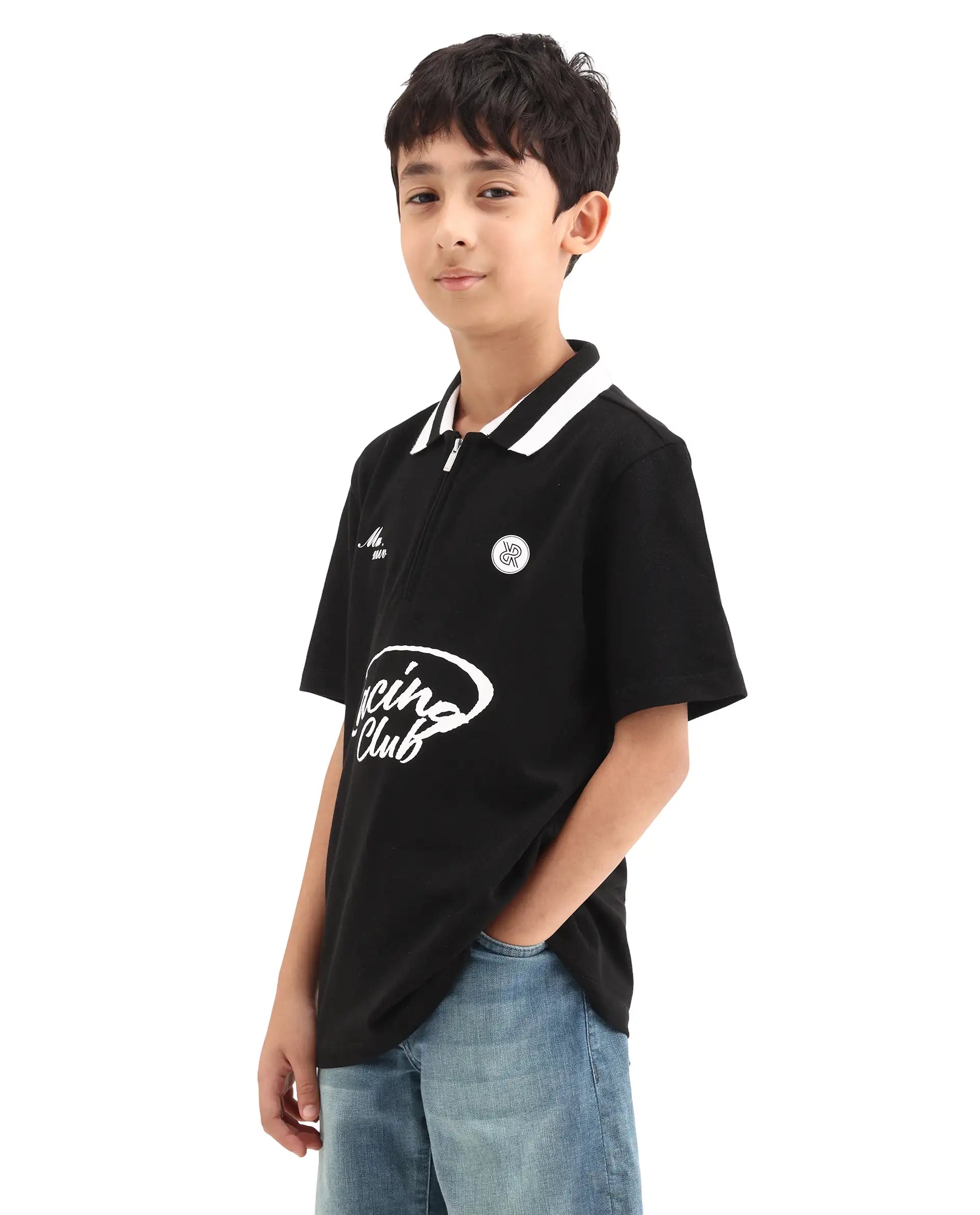 Rare Ones Kids Rino Black Cotton Zipper Closure Regular Fit Polo