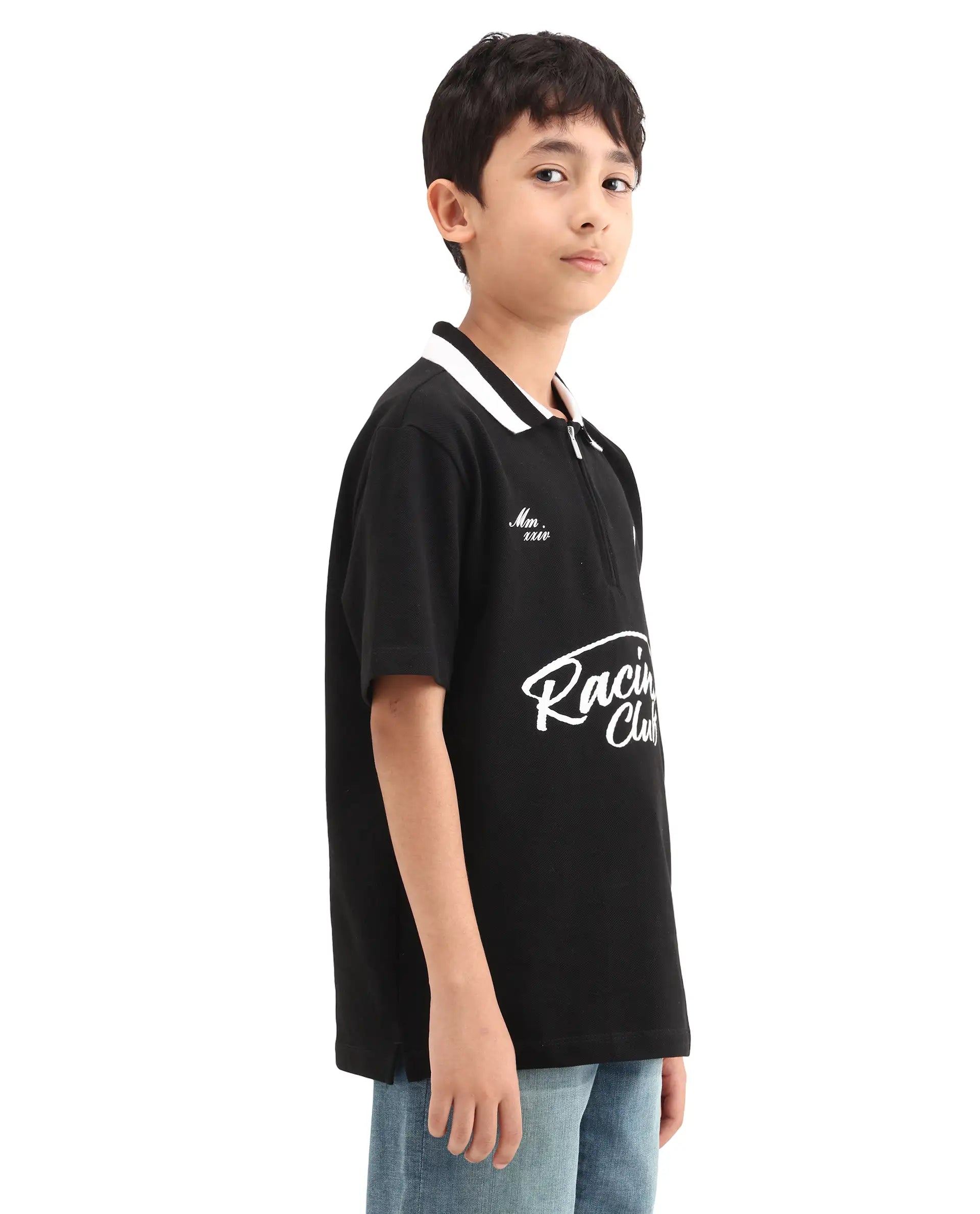 Rare Ones Kids Rino Black Cotton Zipper Closure Regular Fit Polo