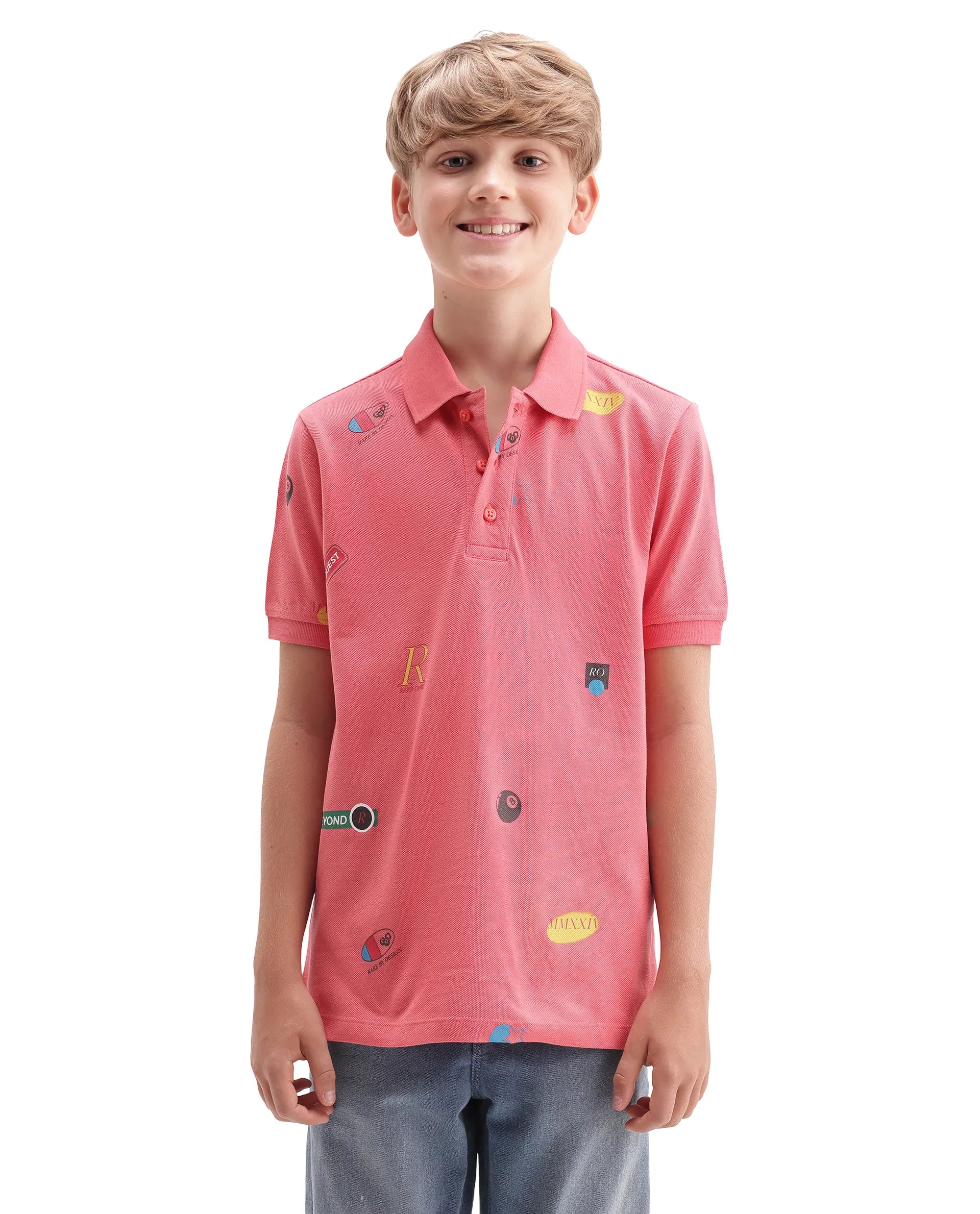 Rare Ones Kids Rixo Orange Cotton Button Closure All Over Print Regular Fit Polo