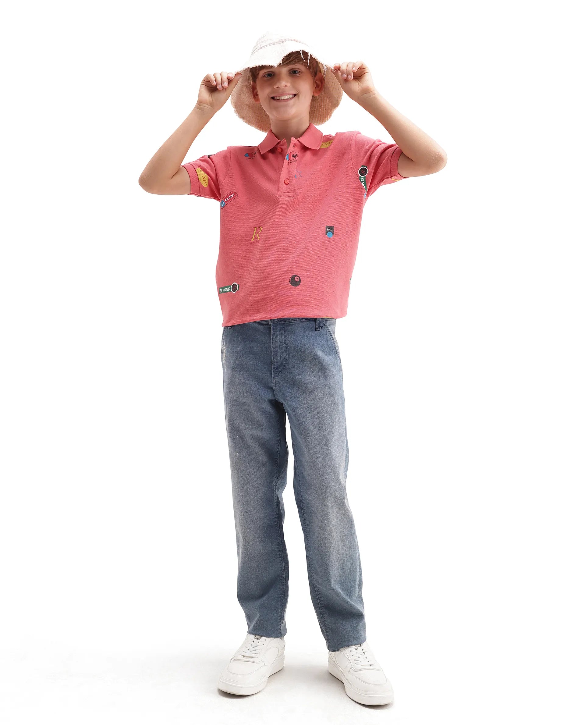 Rare Ones Kids Rixo Orange Cotton Button Closure All Over Print Regular Fit Polo