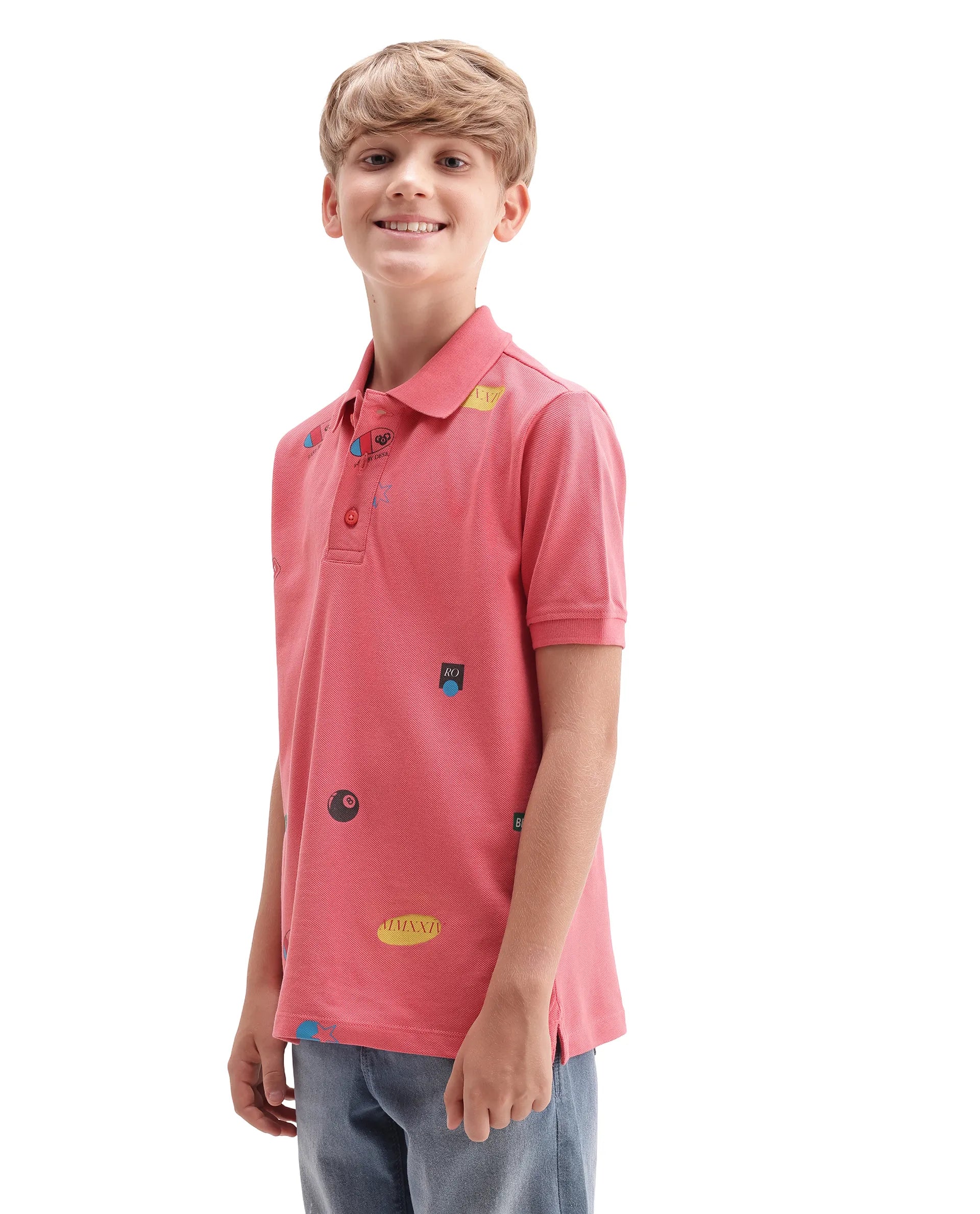 Rare Ones Kids Rixo Orange Cotton Button Closure All Over Print Regular Fit Polo
