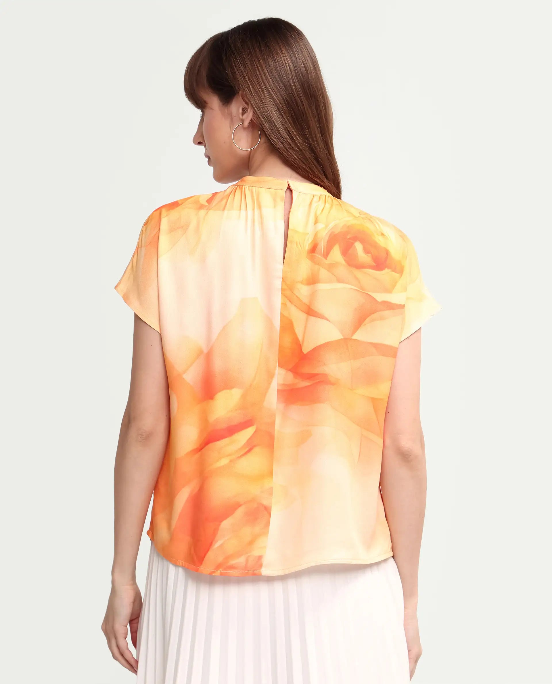 Rareism Women's Macxi Yellow Cotton Satin Half Sleeve Band Collar Regular Floral Print Top