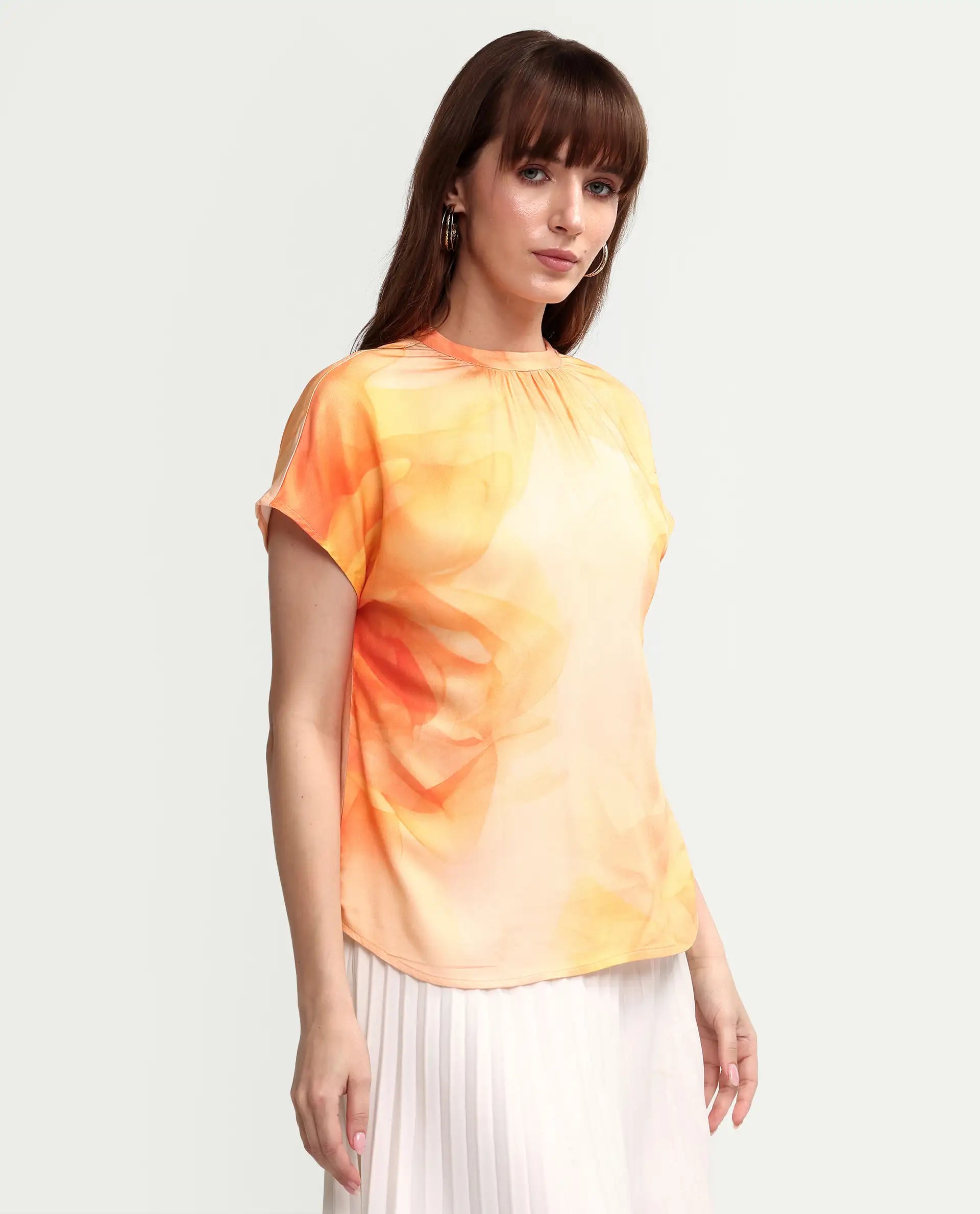 Rareism Women's Macxi Yellow Cotton Satin Half Sleeve Band Collar Regular Floral Print Top