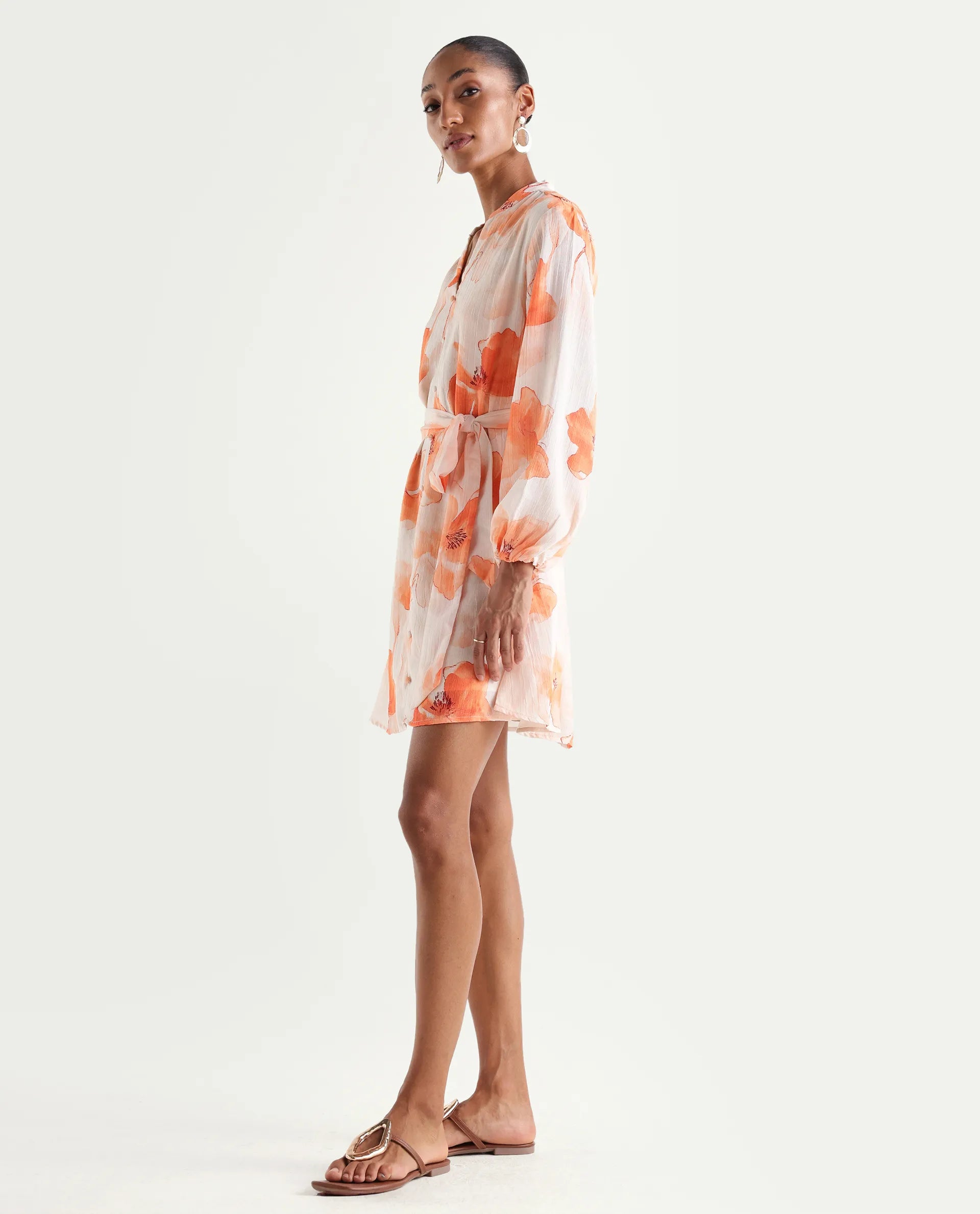 Rareism Women's Memti Light Multi Polyester Full Sleeve Mandarin Collar A-Line Floral Print Dress