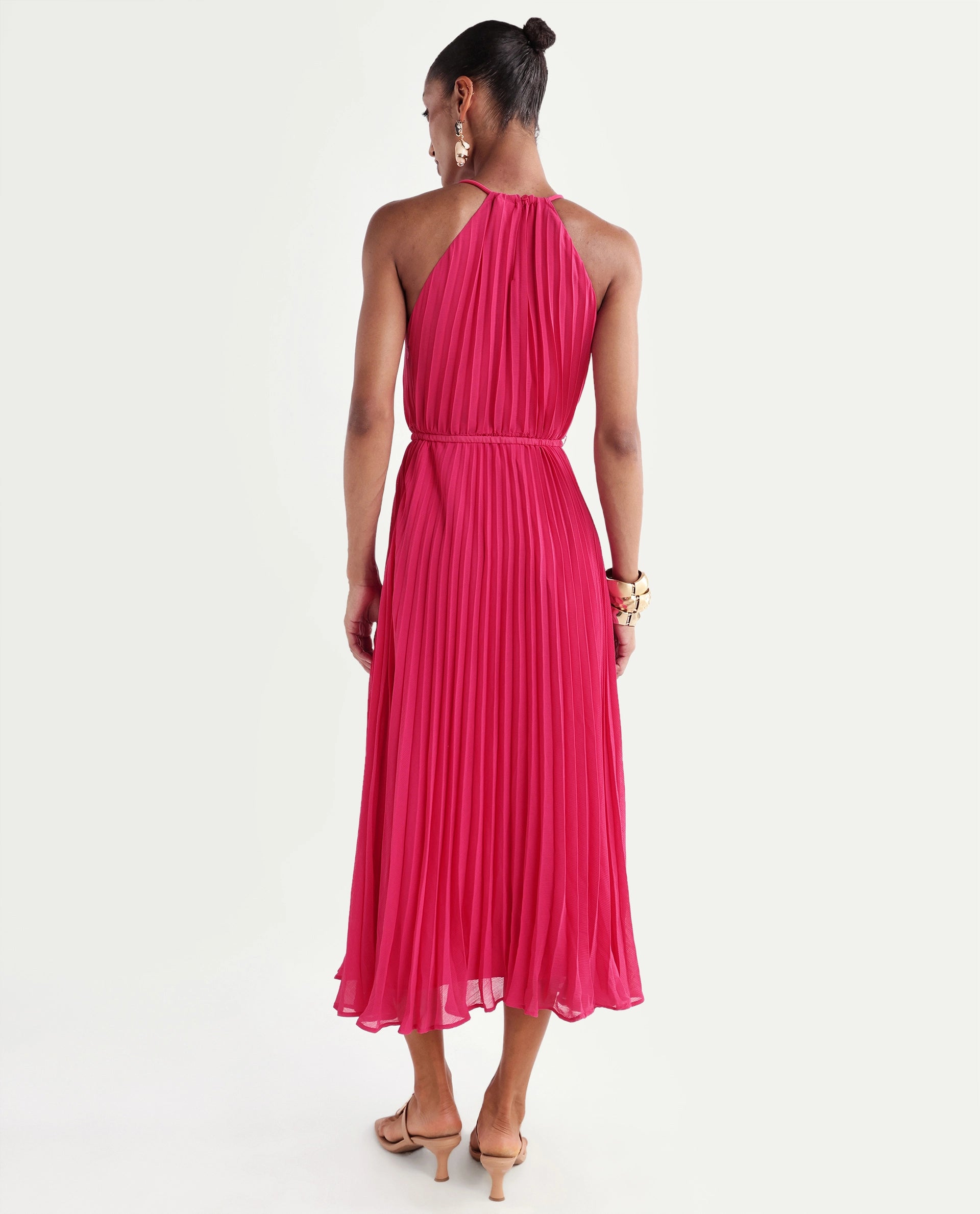 Rareism Women's Meplet Pink Polyester Sleeveless Halter Neck A-Line Dress
