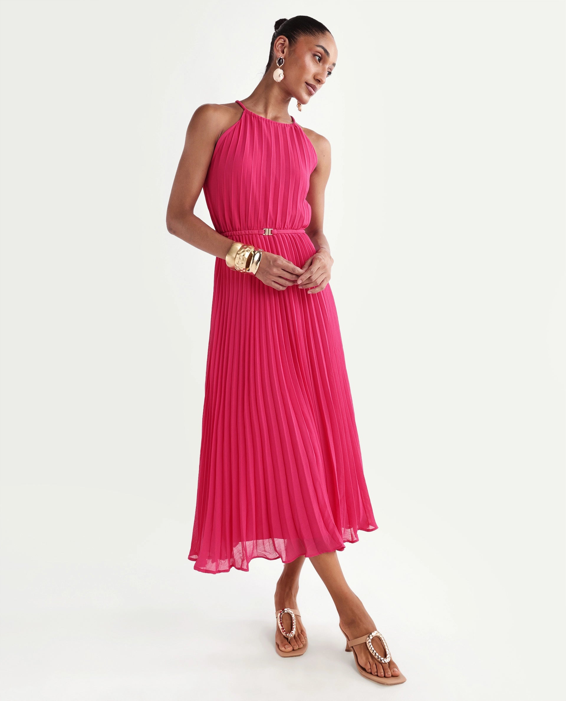 Rareism Women's Meplet Pink Polyester Sleeveless Halter Neck A-Line Dress