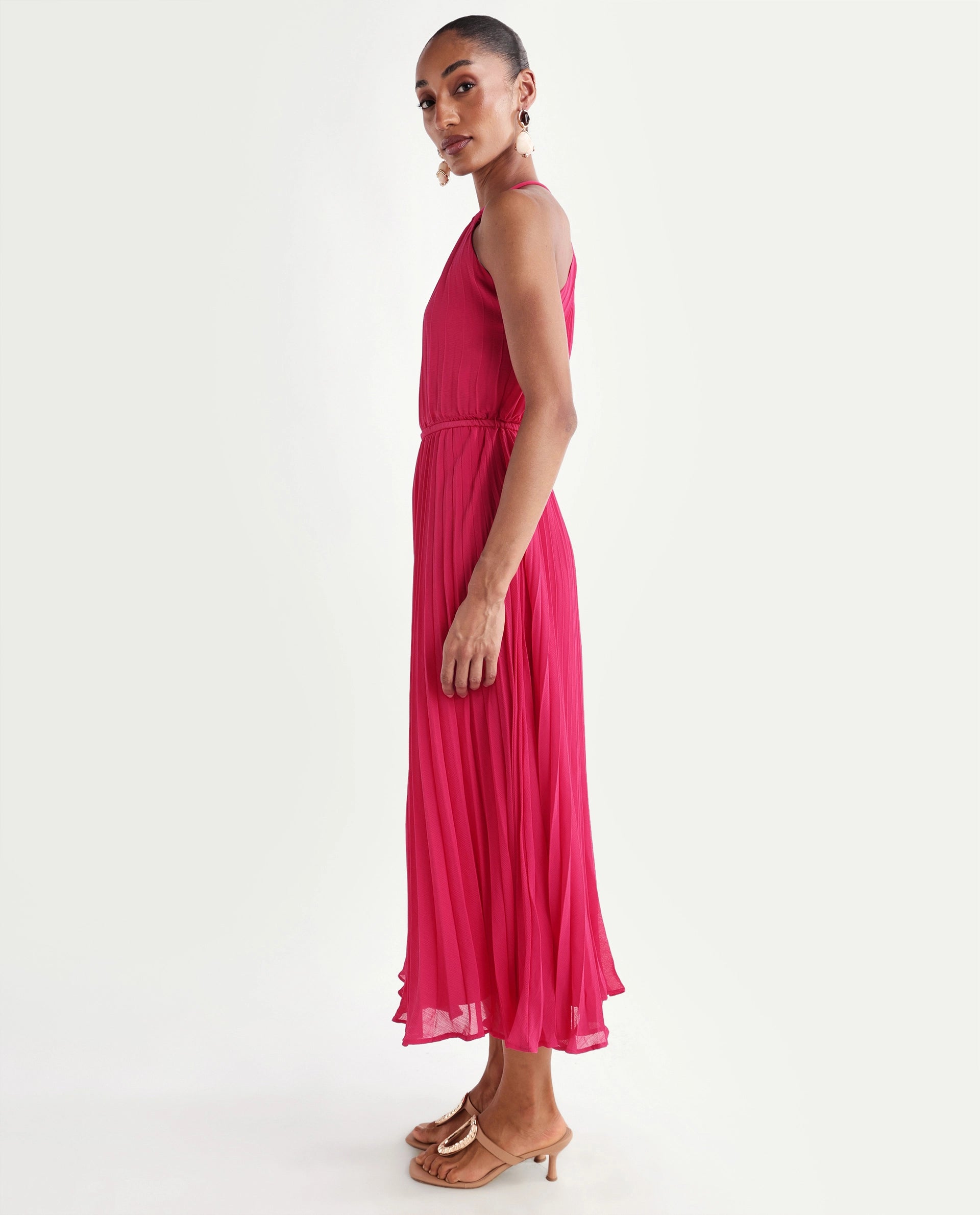 Rareism Women's Meplet Pink Polyester Sleeveless Halter Neck A-Line Dress