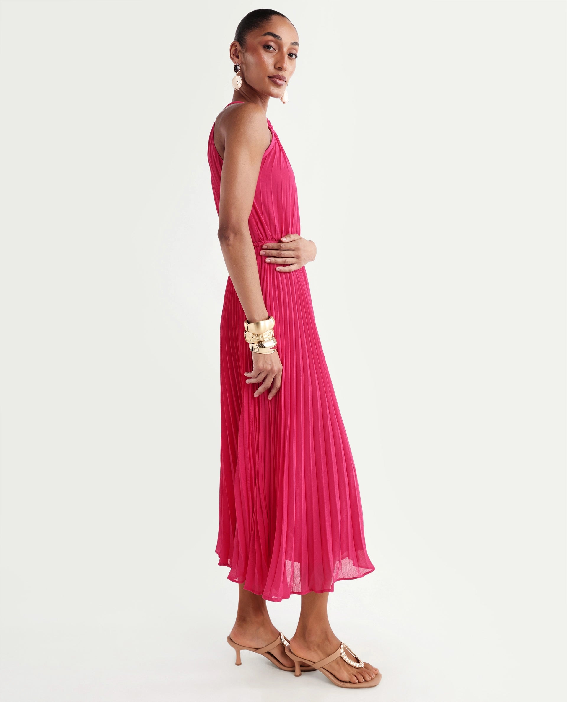 Rareism Women's Meplet Pink Polyester Sleeveless Halter Neck A-Line Dress