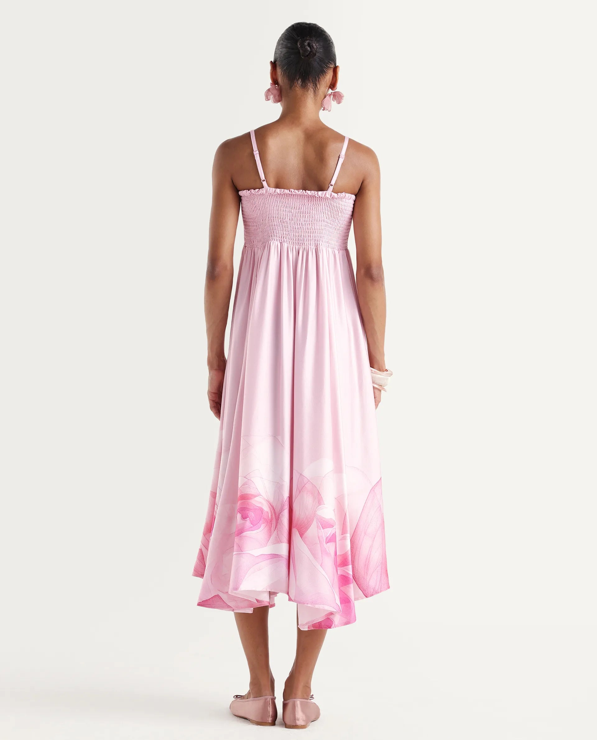 Rareism Women's Mezozo Light Pink Cotton Satin Sleeveless Square Neck Fit And Flare Floral Print Dress