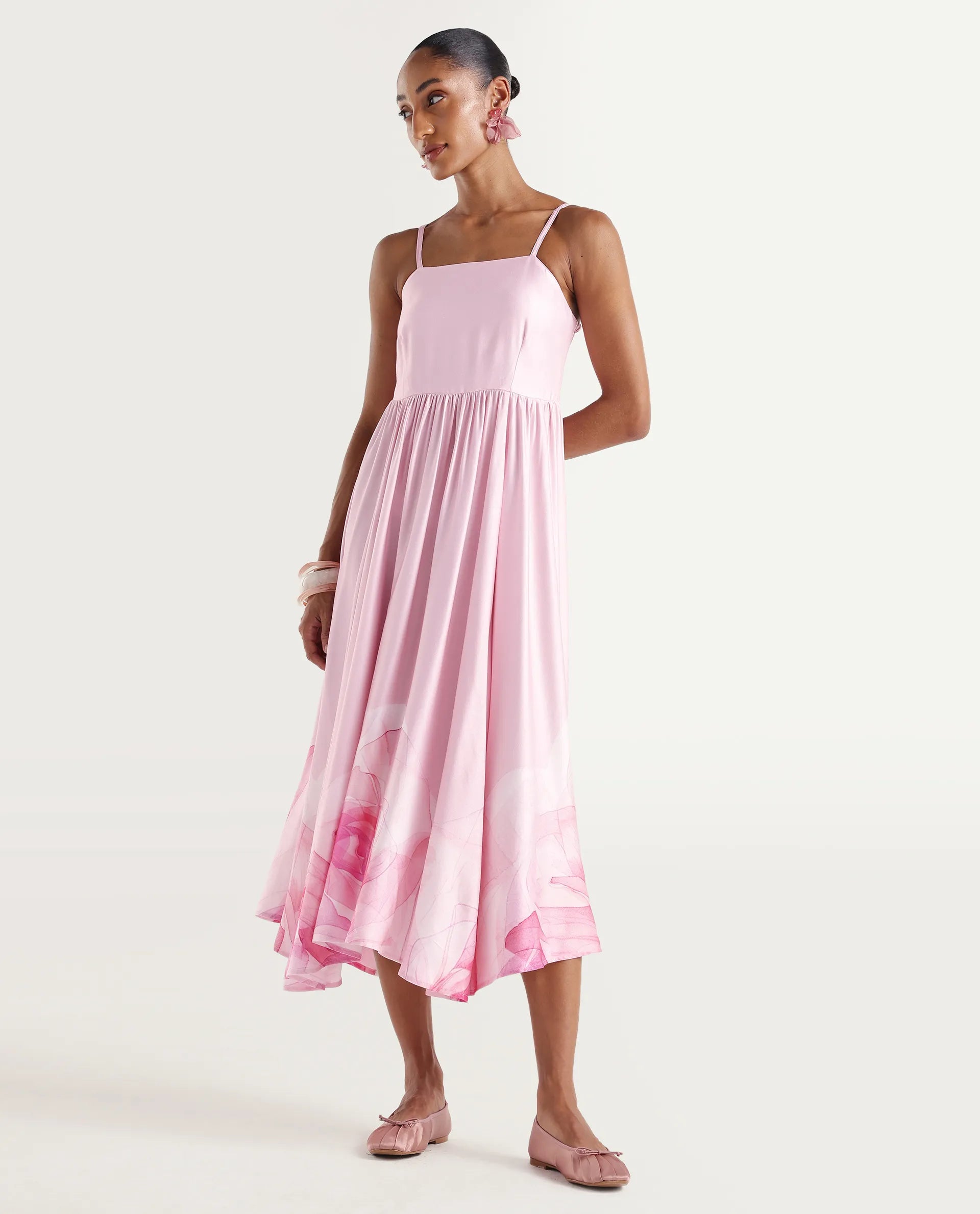 Rareism Women's Mezozo Light Pink Cotton Satin Sleeveless Square Neck Fit And Flare Floral Print Dress