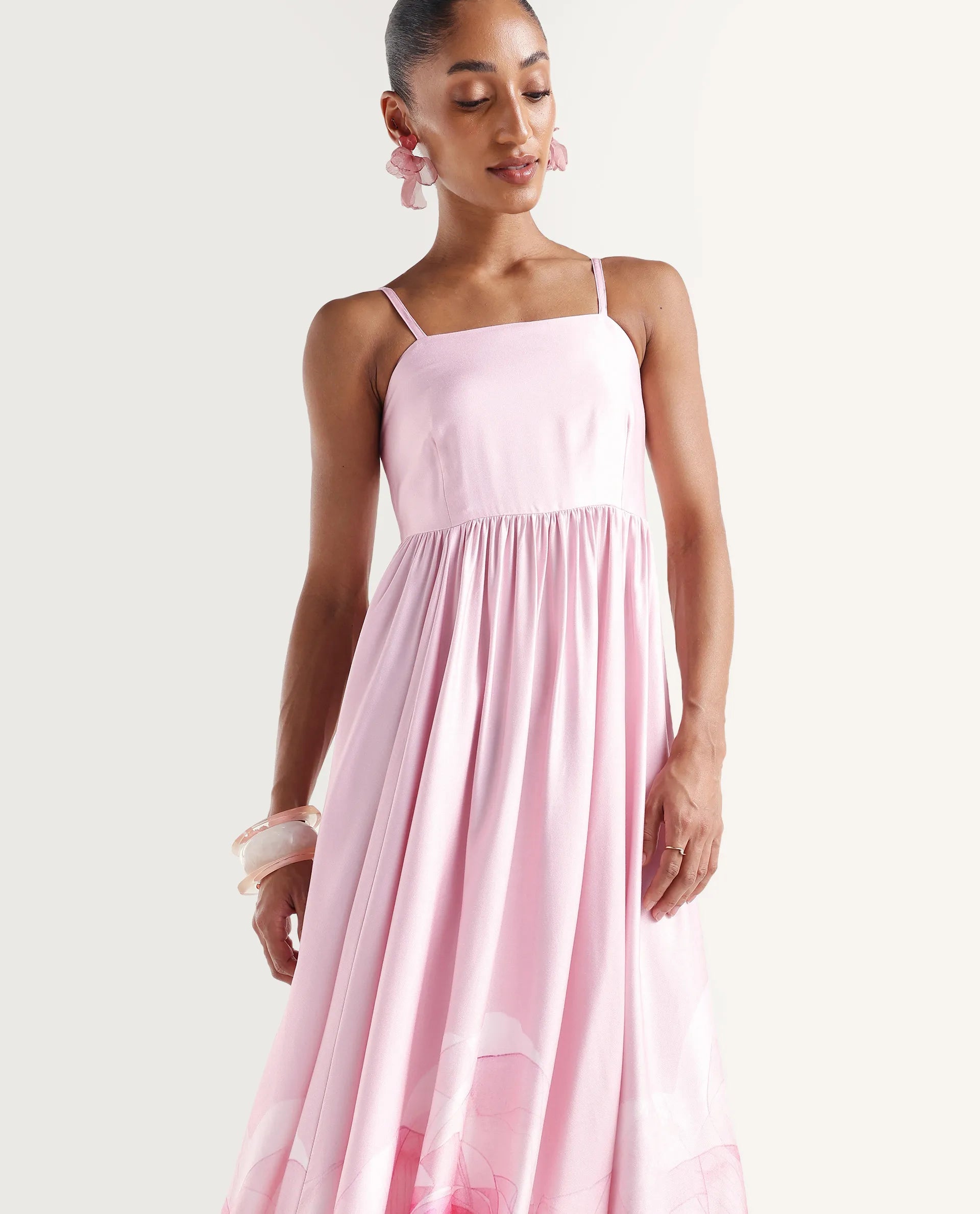 Rareism Women's Mezozo Light Pink Cotton Satin Sleeveless Square Neck Fit And Flare Floral Print Dress