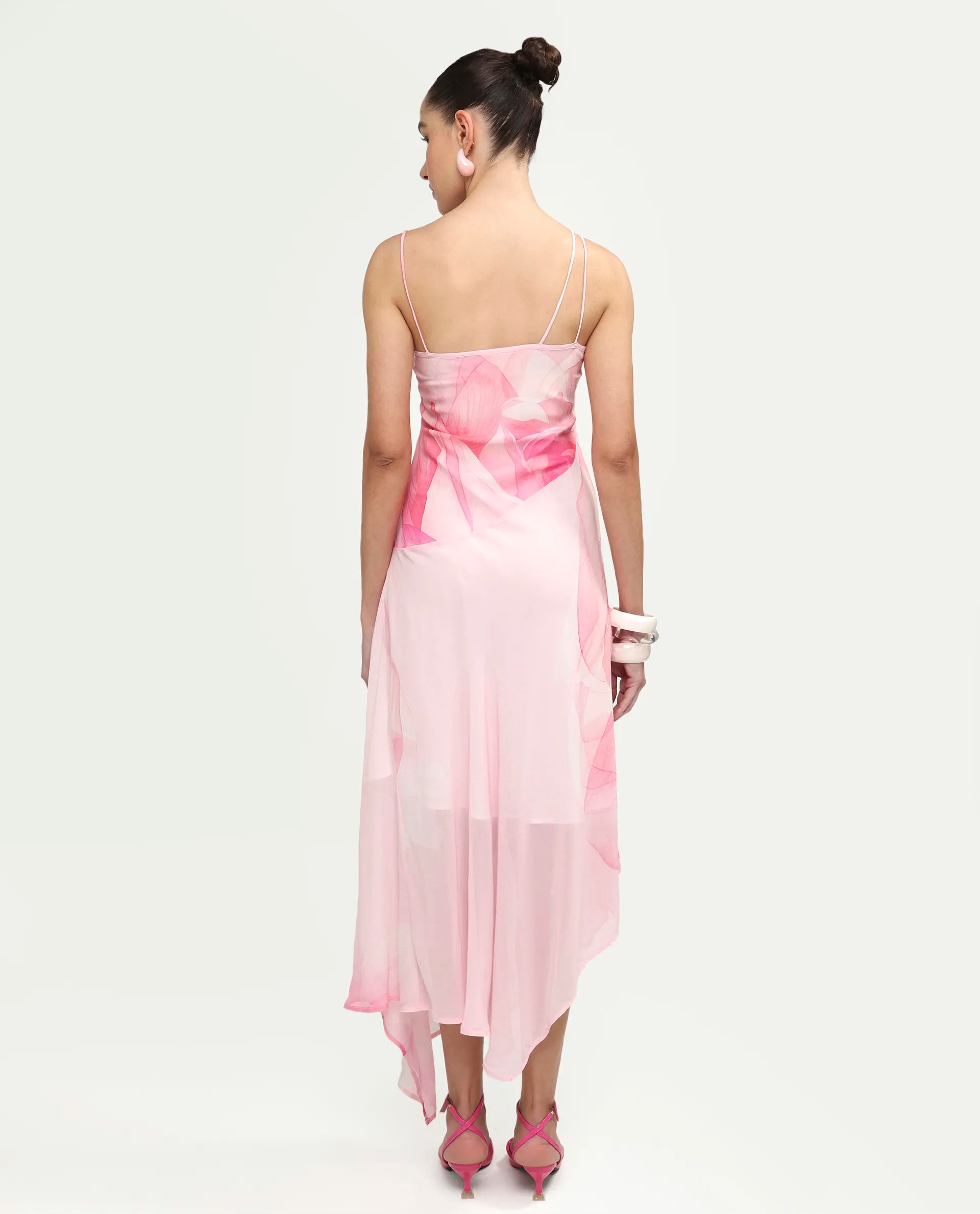 Rareism Women's Minzo Light Pink Viscose Sleeveless One Shoulder Asymmetric Floral Print Dress