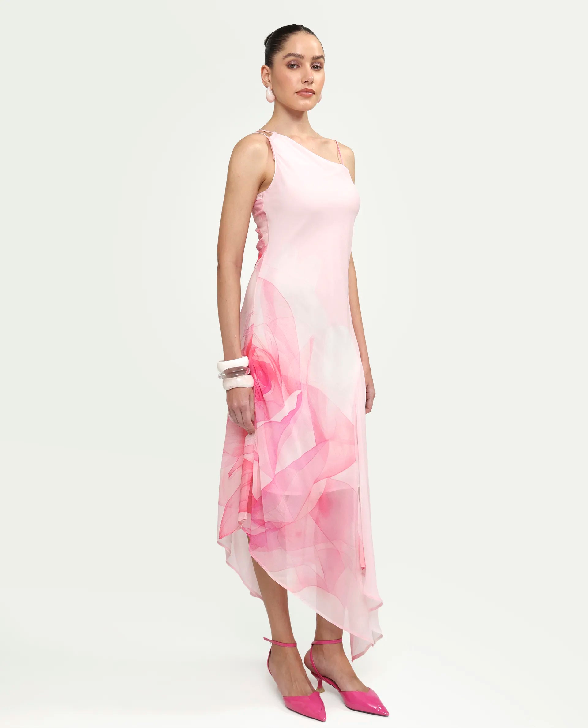 Rareism Women's Minzo Light Pink Viscose Sleeveless One Shoulder Asymmetric Floral Print Dress