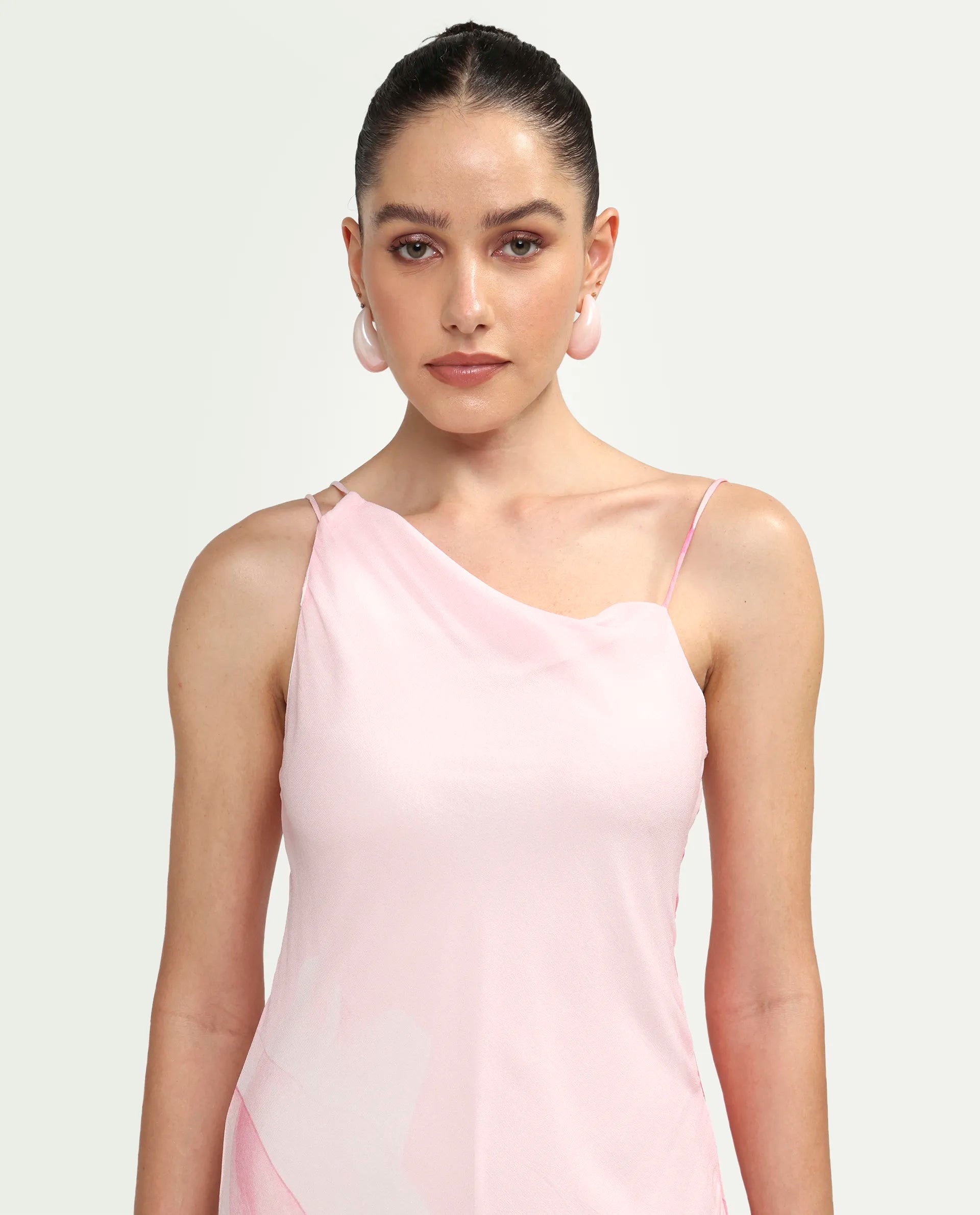 Rareism Women's Minzo Light Pink Viscose Sleeveless One Shoulder Asymmetric Floral Print Dress