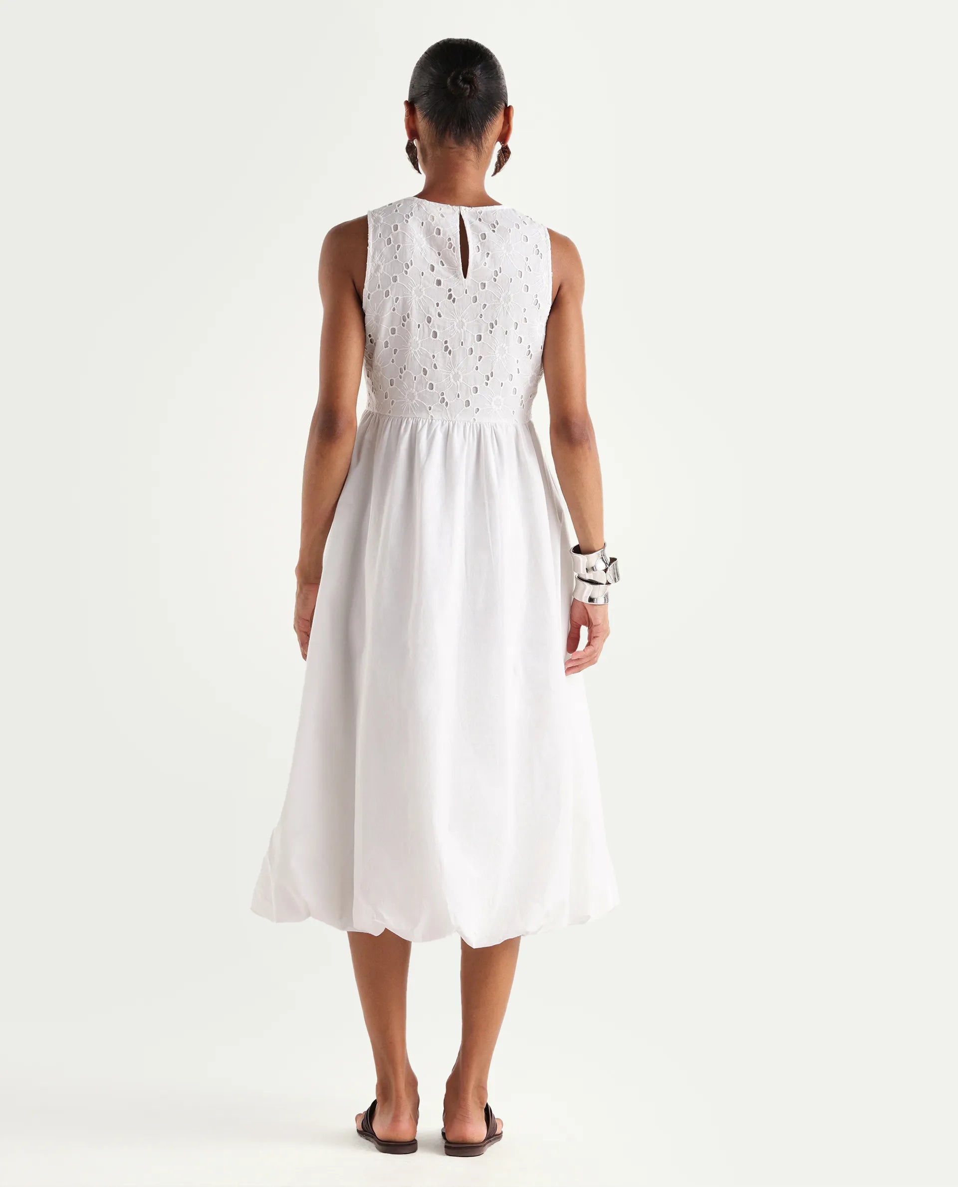 Rareism Women's Miso Off White Cotton Sleeveless Round Neck Fit And Flare Schiffli Dress