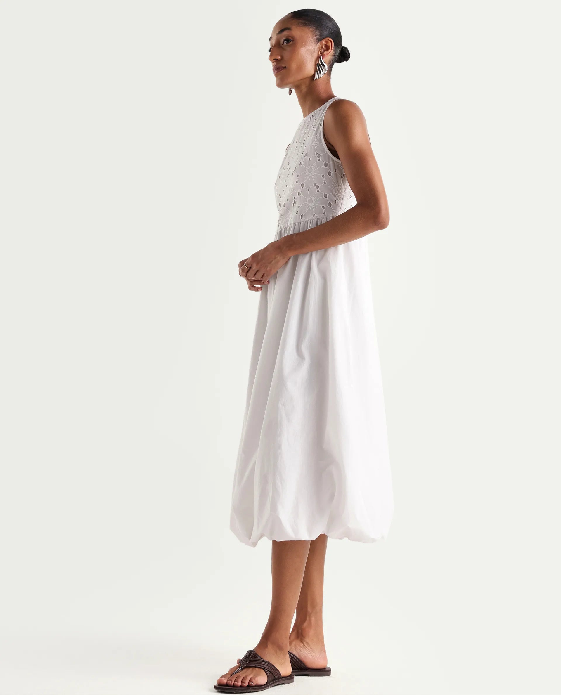 Rareism Women's Miso Off White Cotton Sleeveless Round Neck Fit And Flare Schiffli Dress