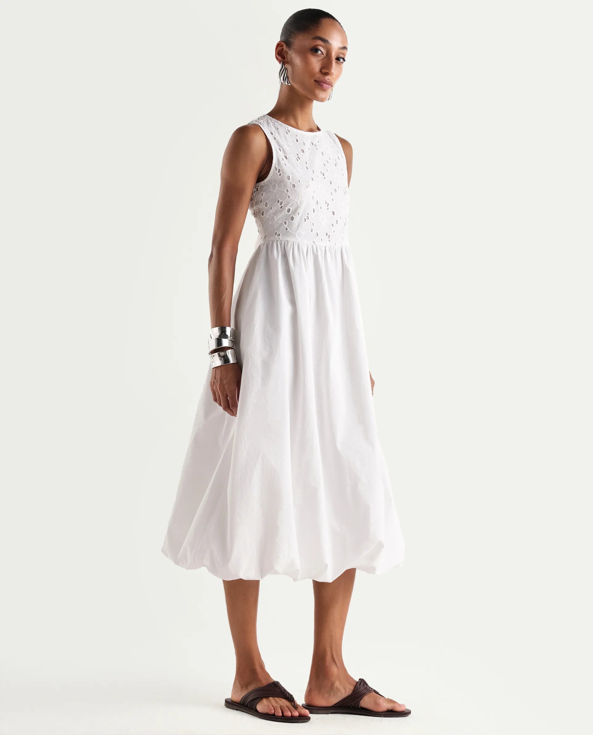 Rareism Women's Miso Off White Cotton Sleeveless Round Neck Fit And Flare Schiffli Dress