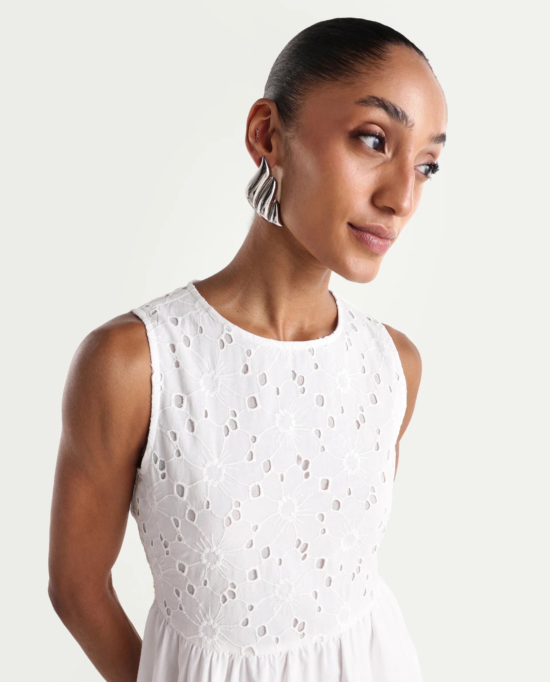 Rareism Women's Miso Off White Cotton Sleeveless Round Neck Fit And Flare Schiffli Dress