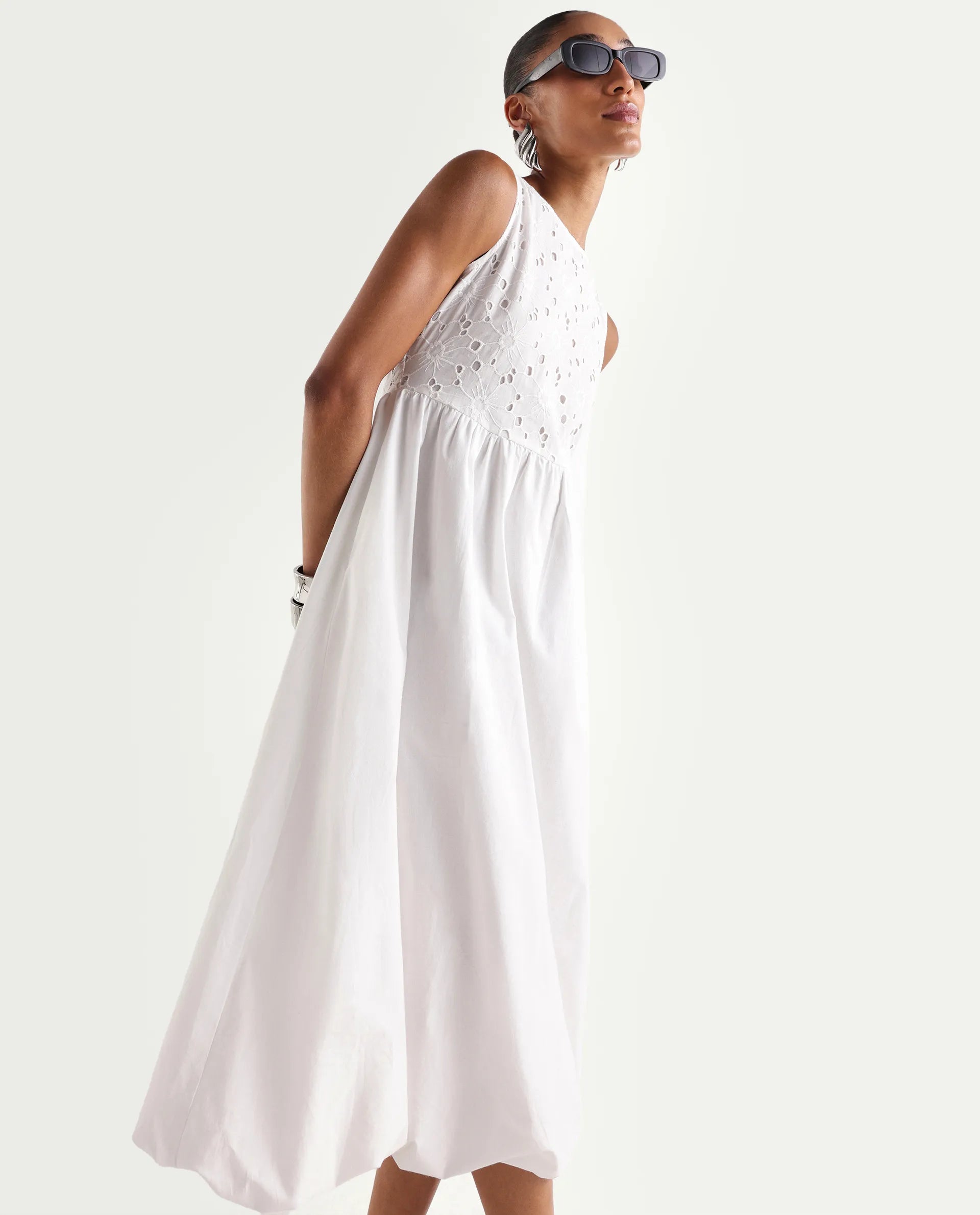 Rareism Women's Miso Off White Cotton Sleeveless Round Neck Fit And Flare Schiffli Dress