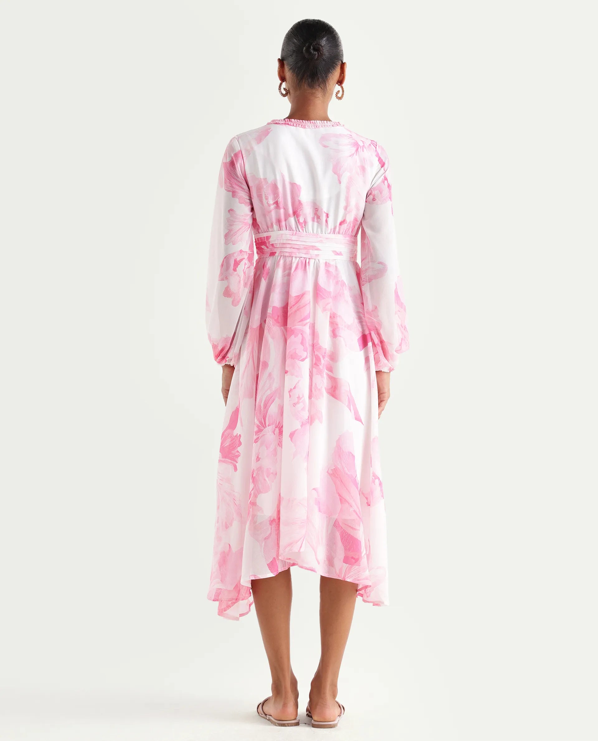 Rareism Women's Monfriko Off White Polyester Full Sleeve Ruffled Neck Fit And Flare Floral Print Dress