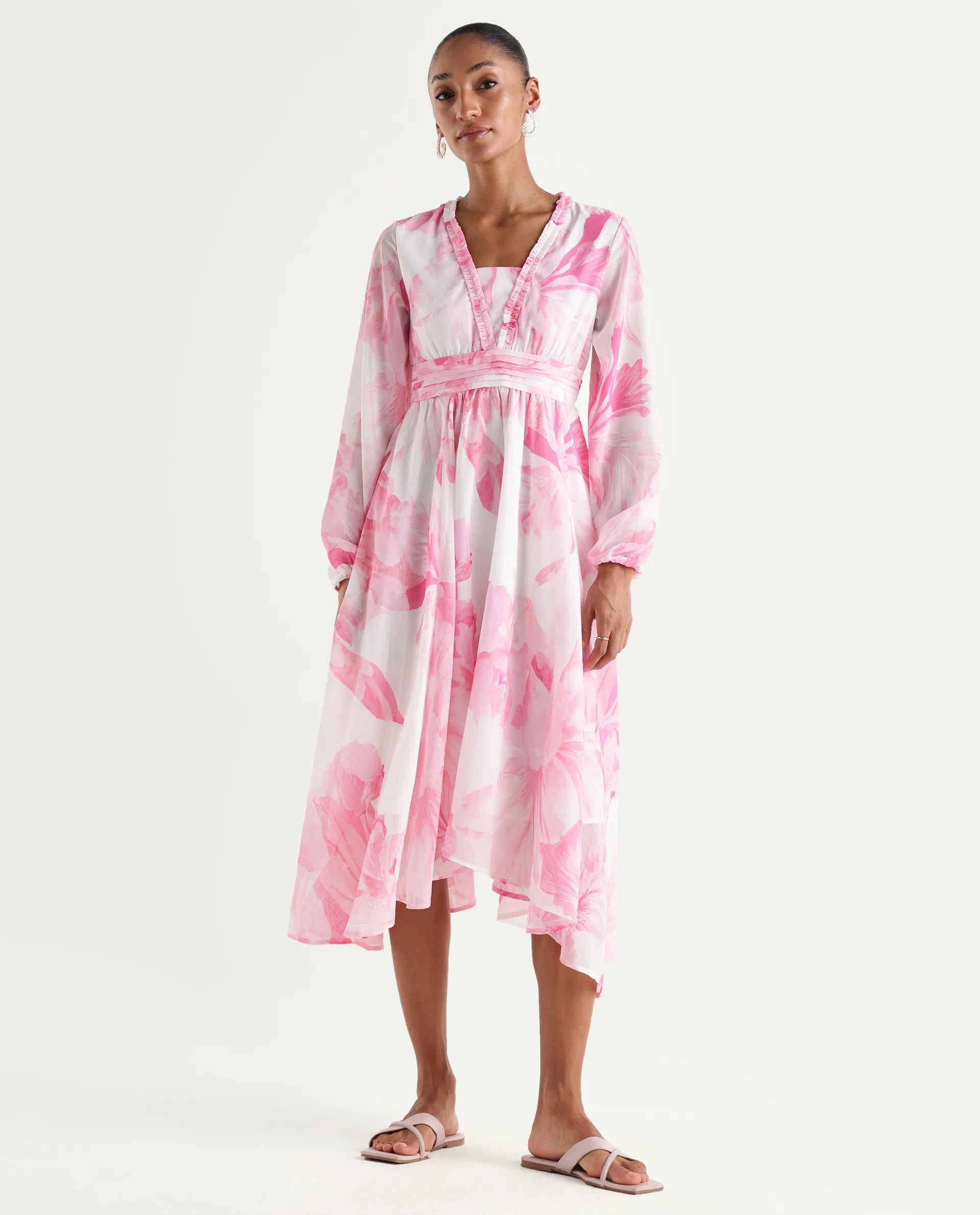 Rareism Women's Monfriko Off White Polyester Full Sleeve Ruffled Neck Fit And Flare Floral Print Dress