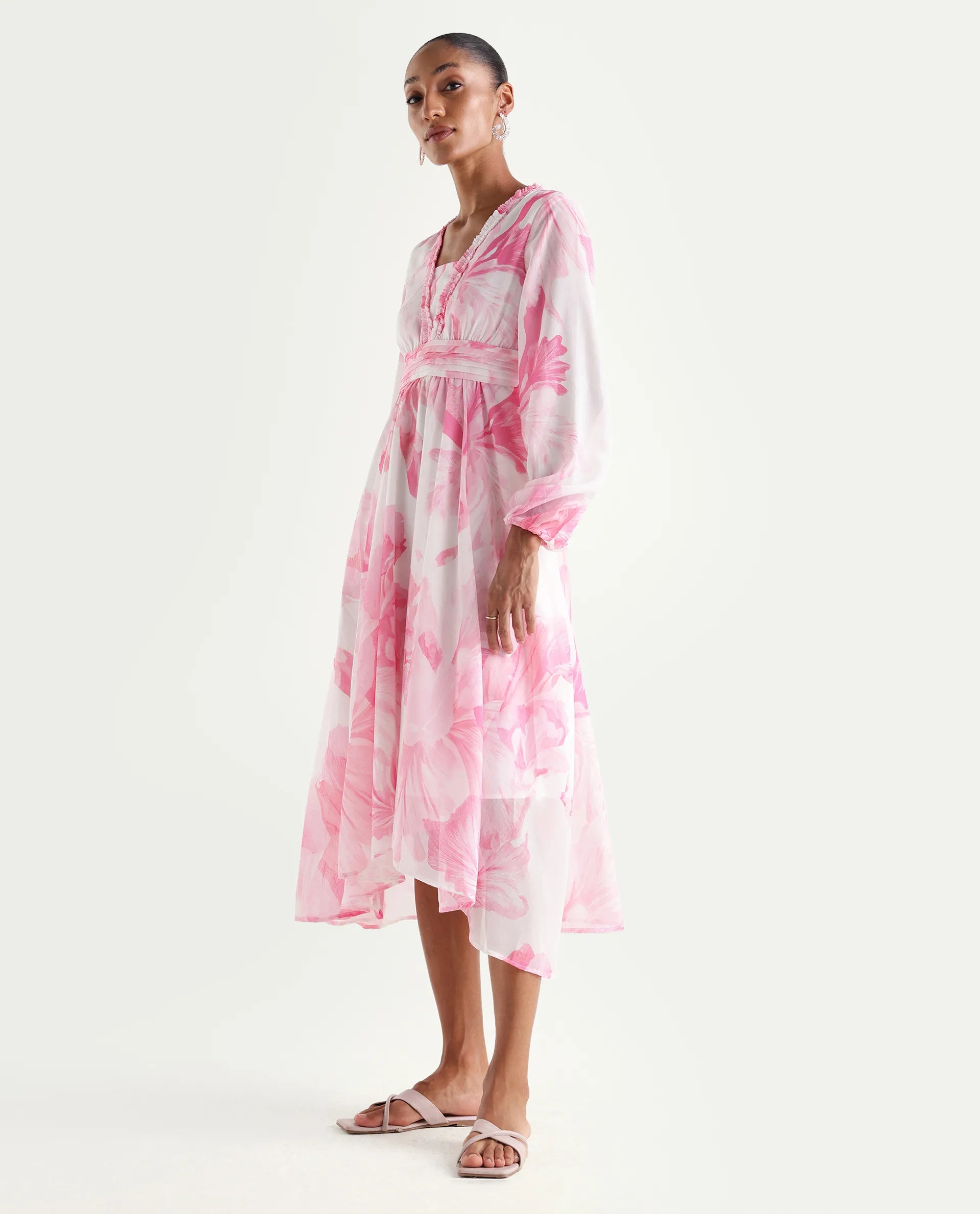 Rareism Women's Monfriko Off White Polyester Full Sleeve Ruffled Neck Fit And Flare Floral Print Dress