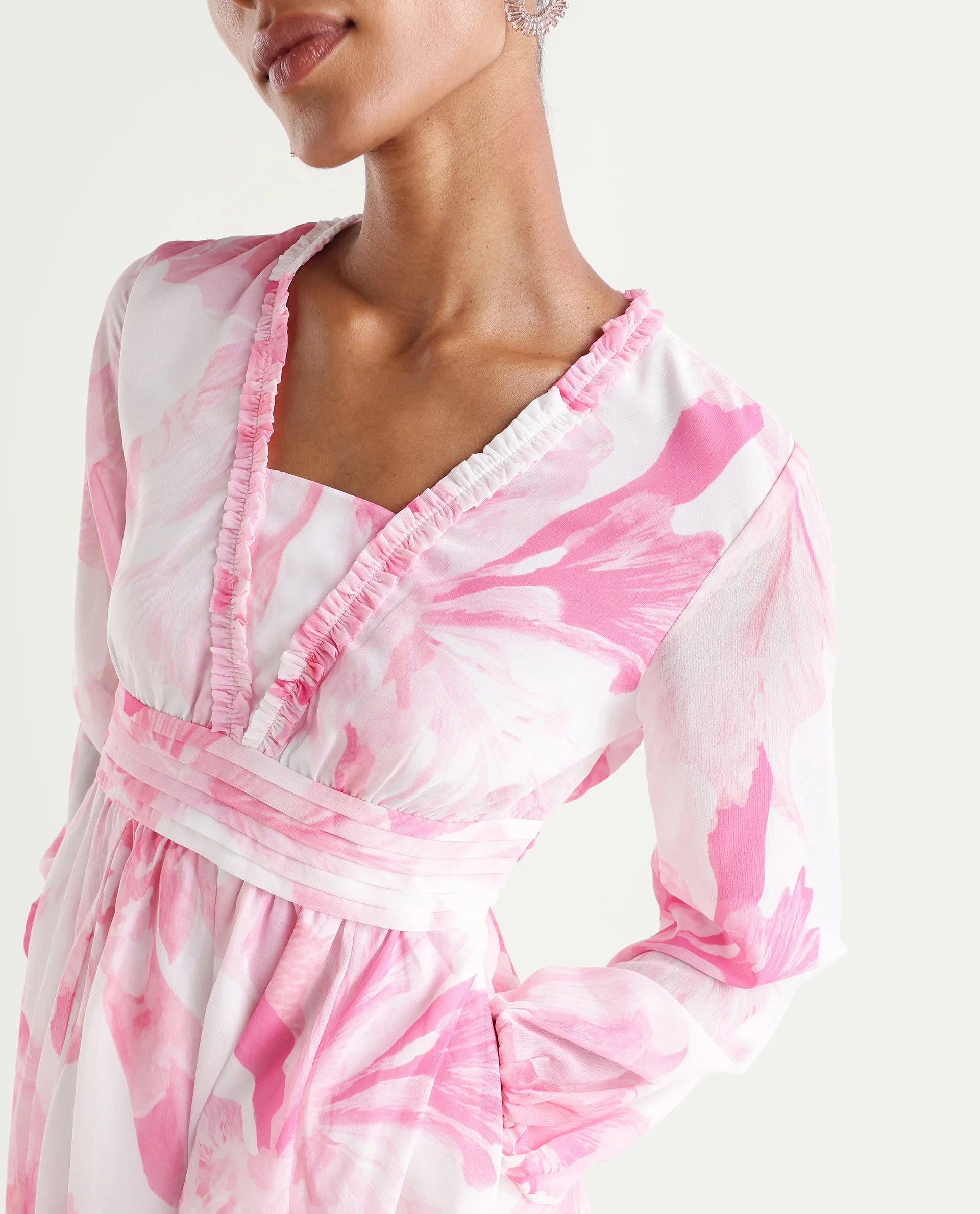 Rareism Women's Monfriko Off White Polyester Full Sleeve Ruffled Neck Fit And Flare Floral Print Dress