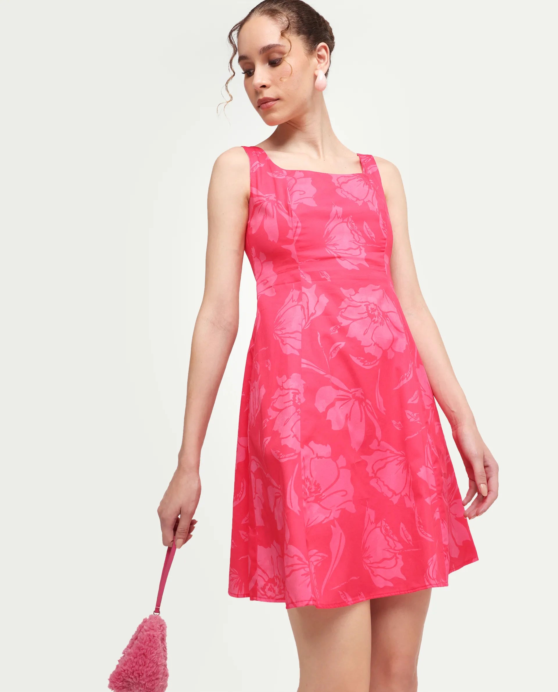 Rareism Women's Mopa Pink Cotton Blend Sleeveless Boat Neck Fit And Flare Floral Print Dress