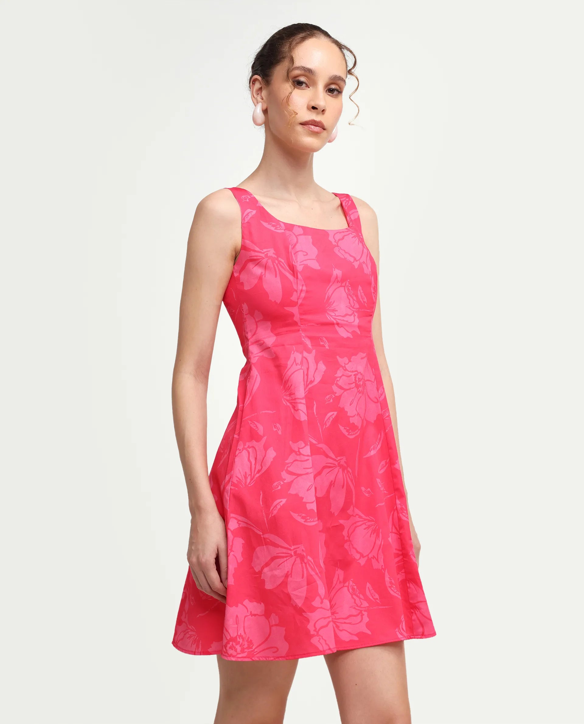 Rareism Women's Mopa Pink Cotton Blend Sleeveless Boat Neck Fit And Flare Floral Print Dress
