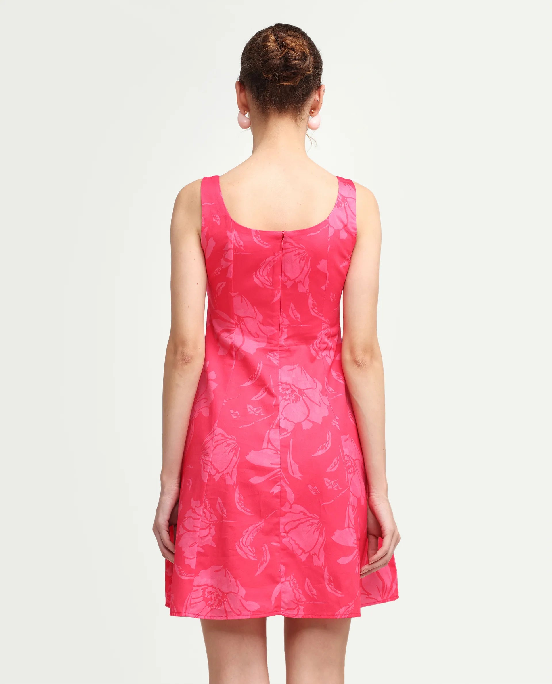 Rareism Women's Mopa Pink Cotton Blend Sleeveless Boat Neck Fit And Flare Floral Print Dress