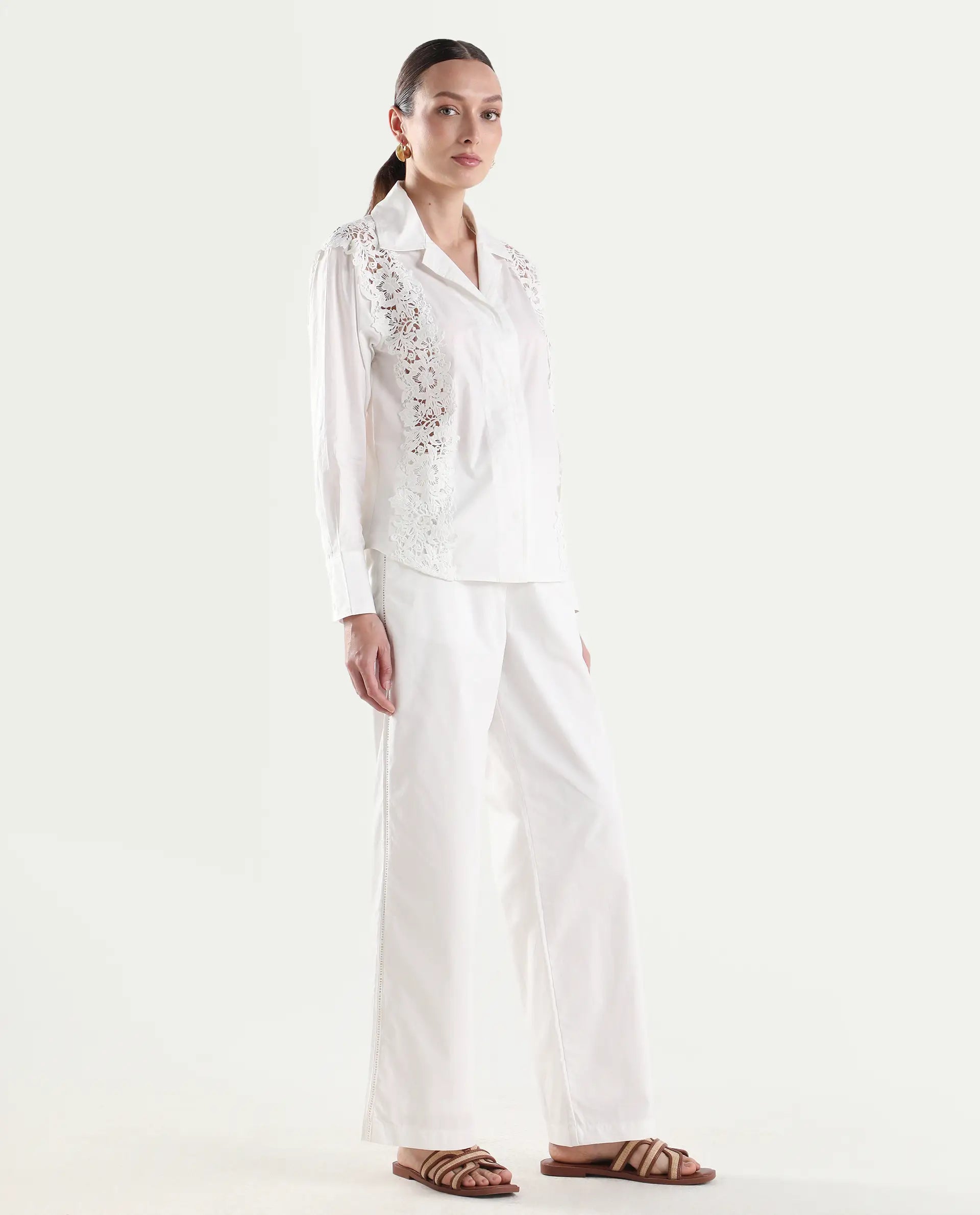 Rareism Women's Mysa-B Off White Cotton Straight Plain Trouser
