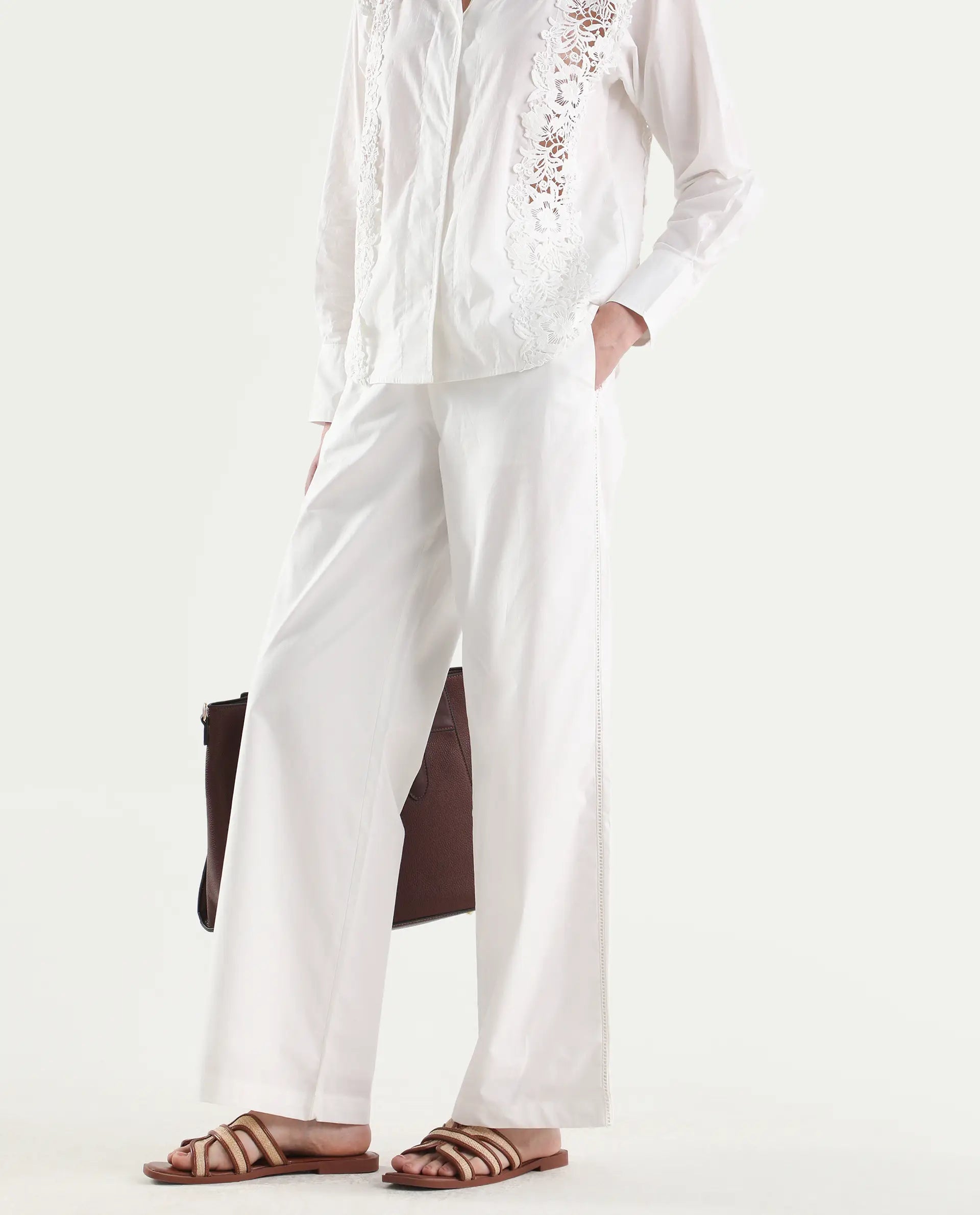 Rareism Women's Mysa-B Off White Cotton Straight Plain Trouser