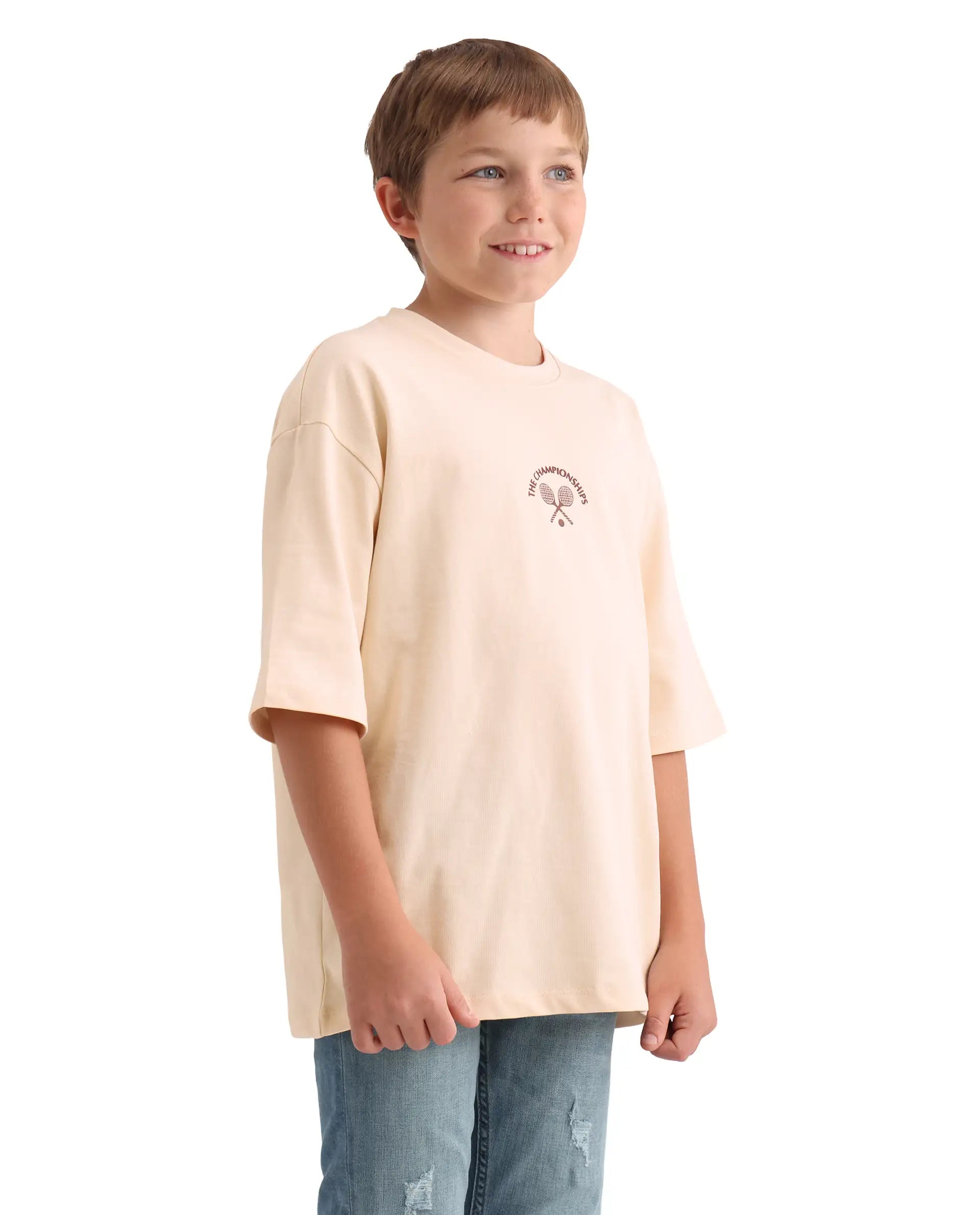 Rare Ones Kids Alca Light Beige Cotton Pull-On Closure Hd Print Oversized Fit T-Shirt