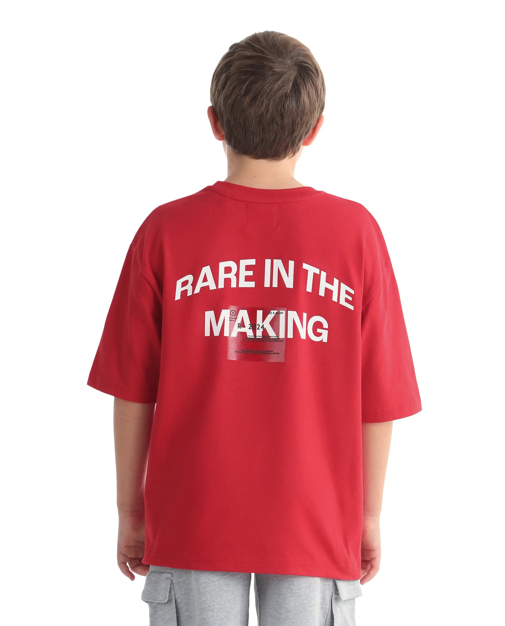 Rare Ones Kids Portz-26 Red Cotton Fabric Pull-On Closure Pigment Print Boxy Fit T-Shirt
