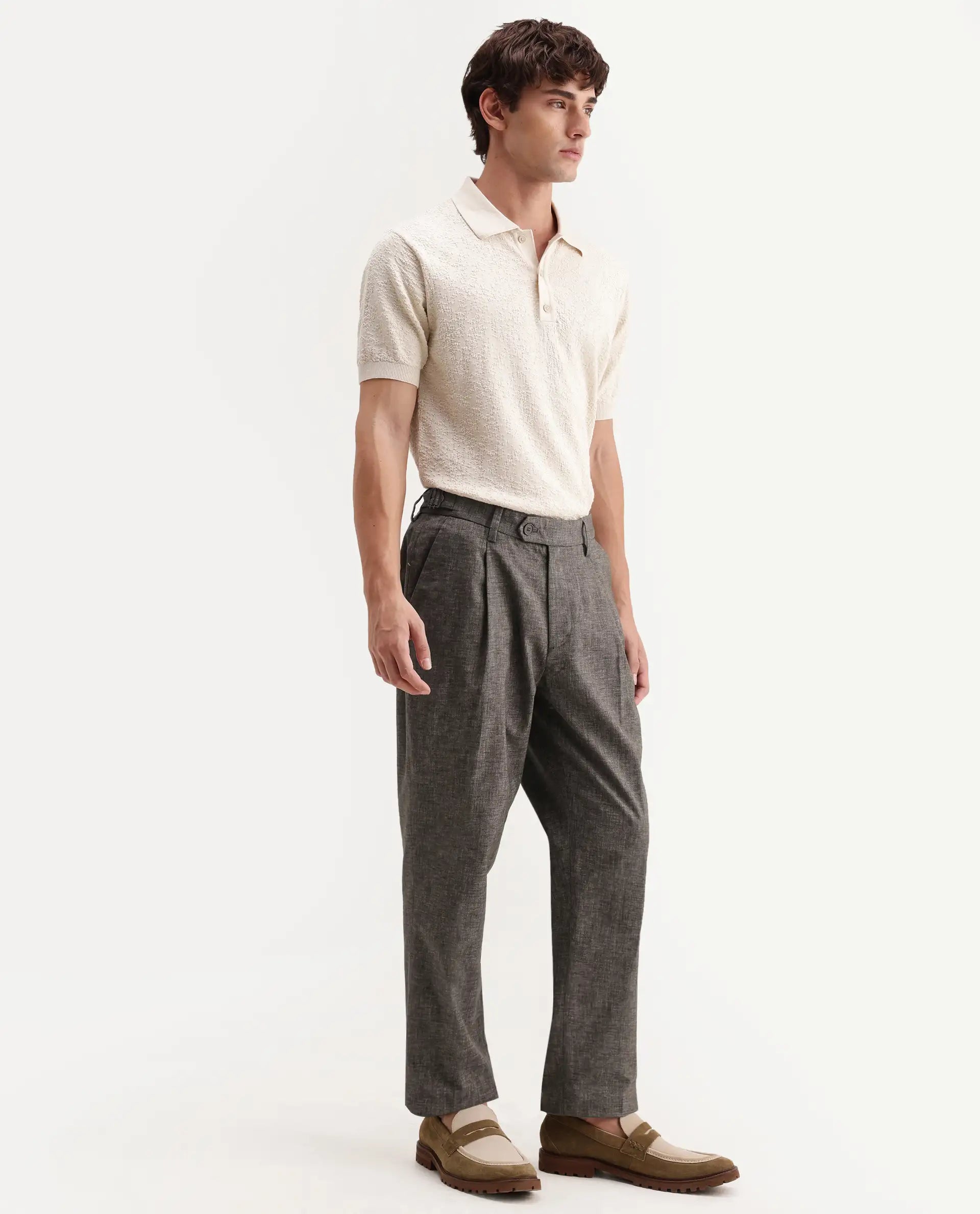 Rare Rabbit Men's Cami Dark Grey Cotton Blend Fabric Regular Fit Plain Trouser