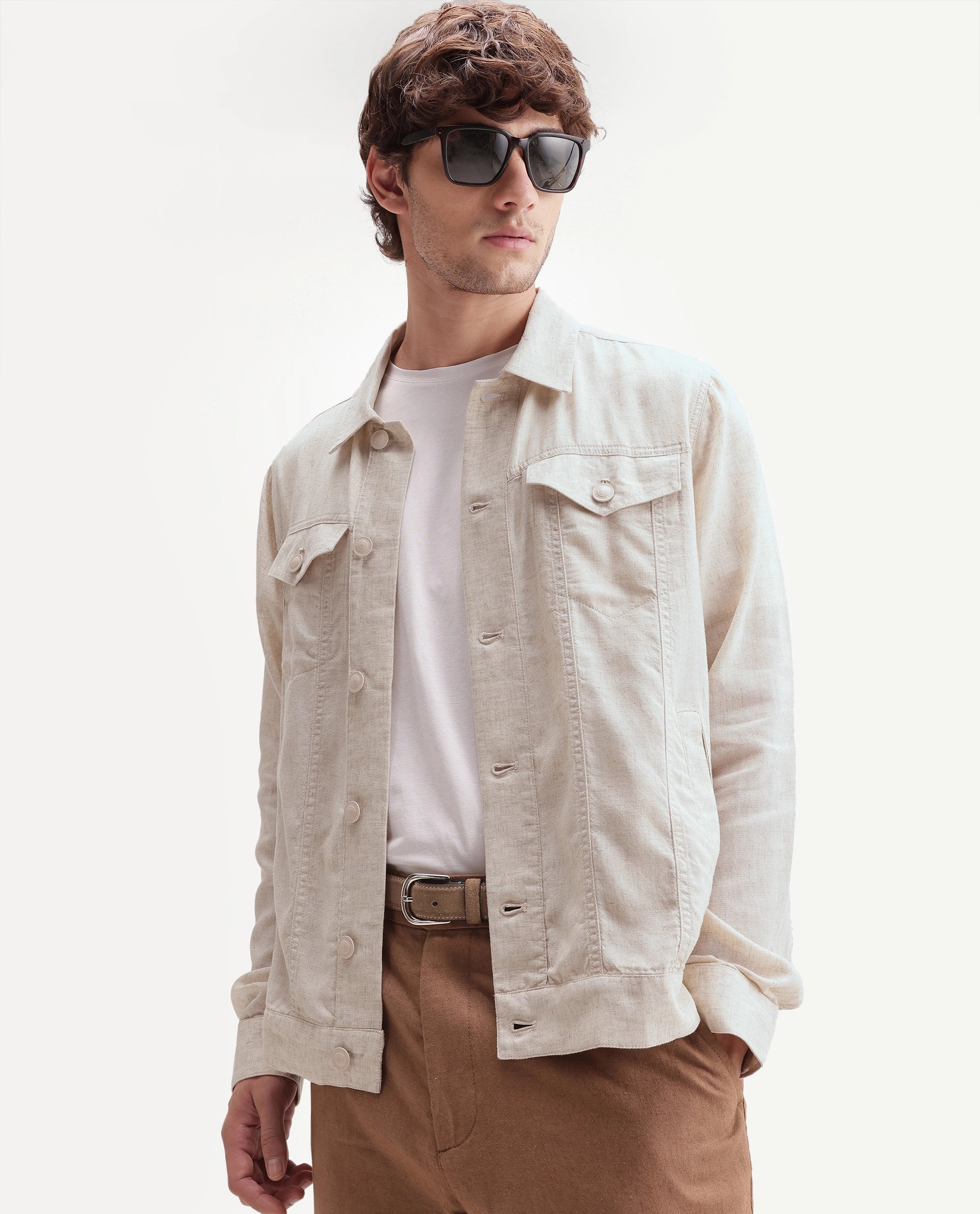 Rare Rabbit Men's Azove-T Beige Cotton Blend Fabric Regular Fit Plain Shacket
