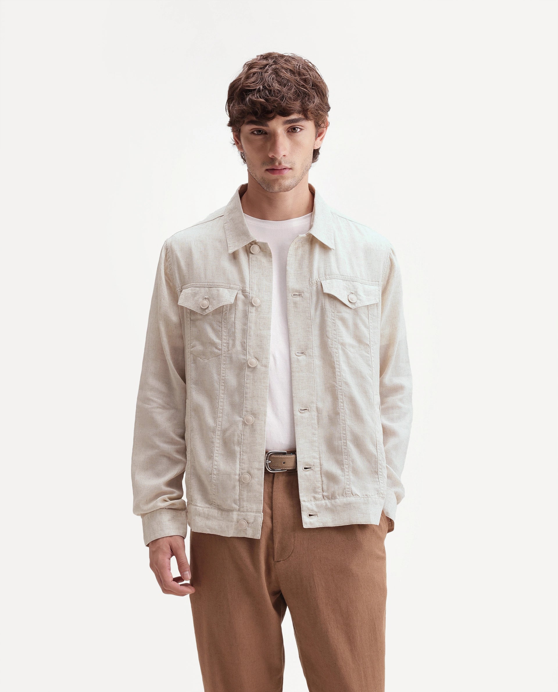 Rare Rabbit Men's Azove-T Beige Cotton Blend Fabric Regular Fit Plain Shacket