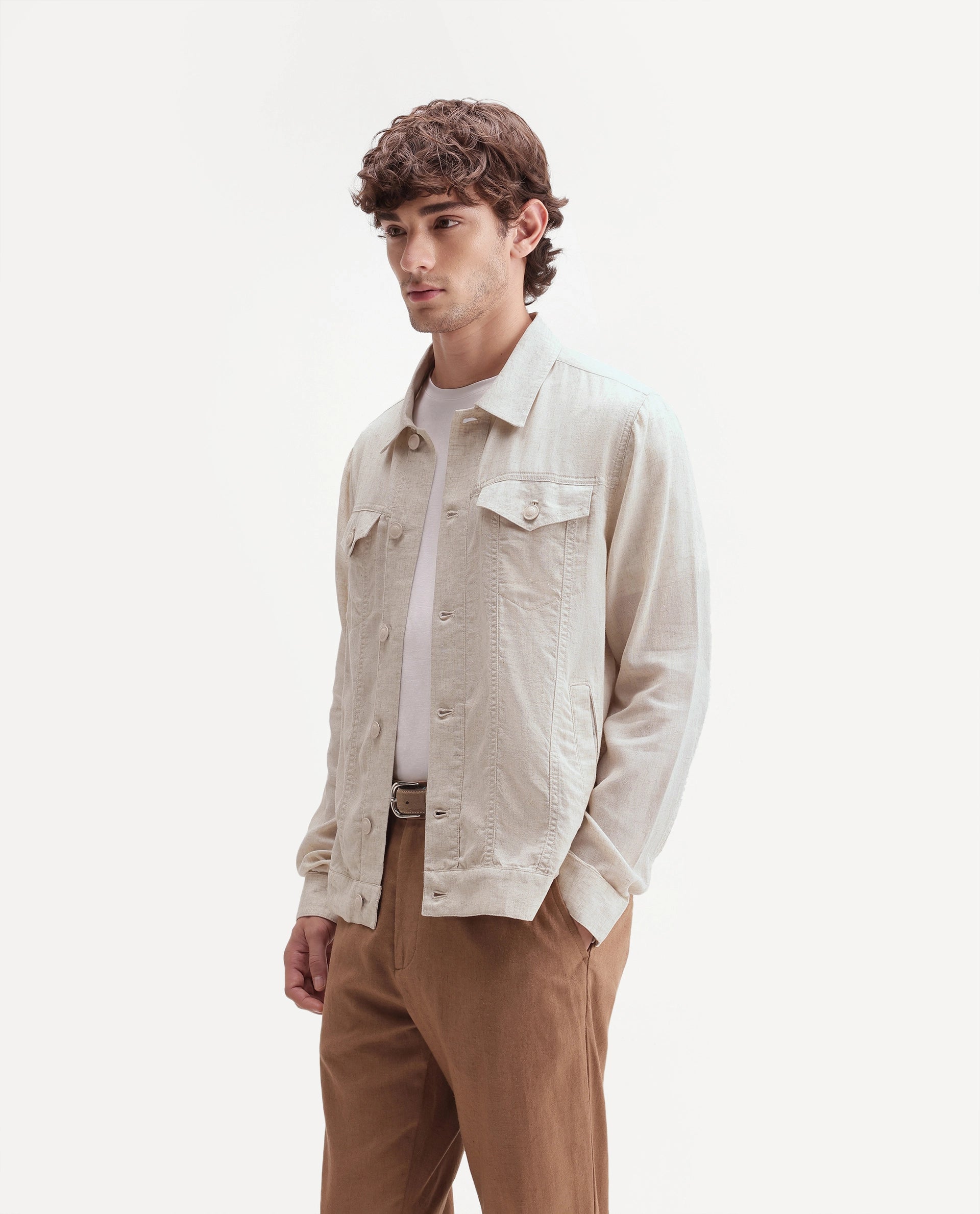 Rare Rabbit Men's Azove-T Beige Cotton Blend Fabric Regular Fit Plain Shacket