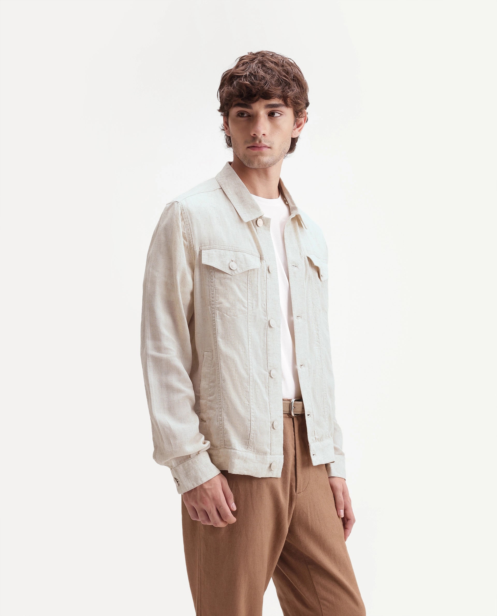 Rare Rabbit Men's Azove-T Beige Cotton Blend Fabric Regular Fit Plain Shacket