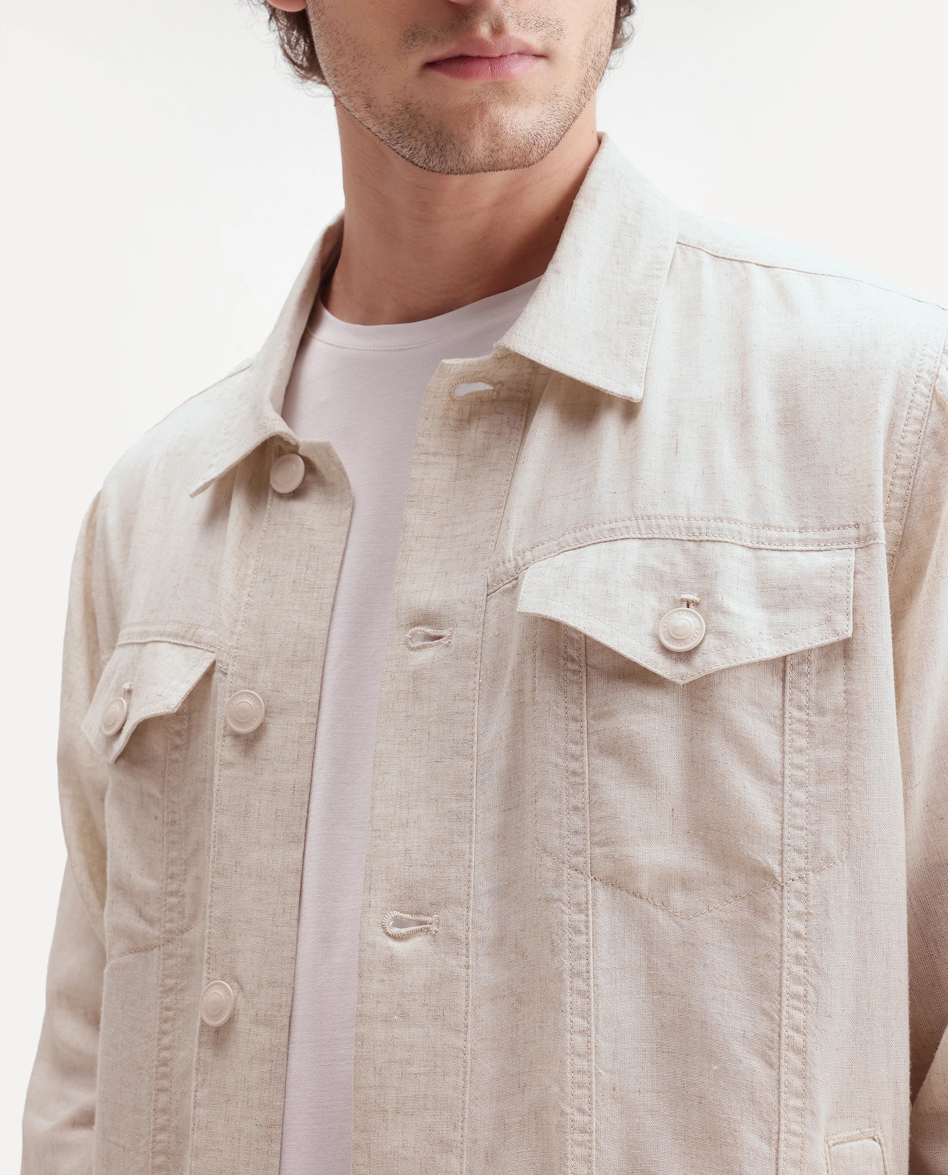 Rare Rabbit Men's Azove-T Beige Cotton Blend Fabric Regular Fit Plain Shacket